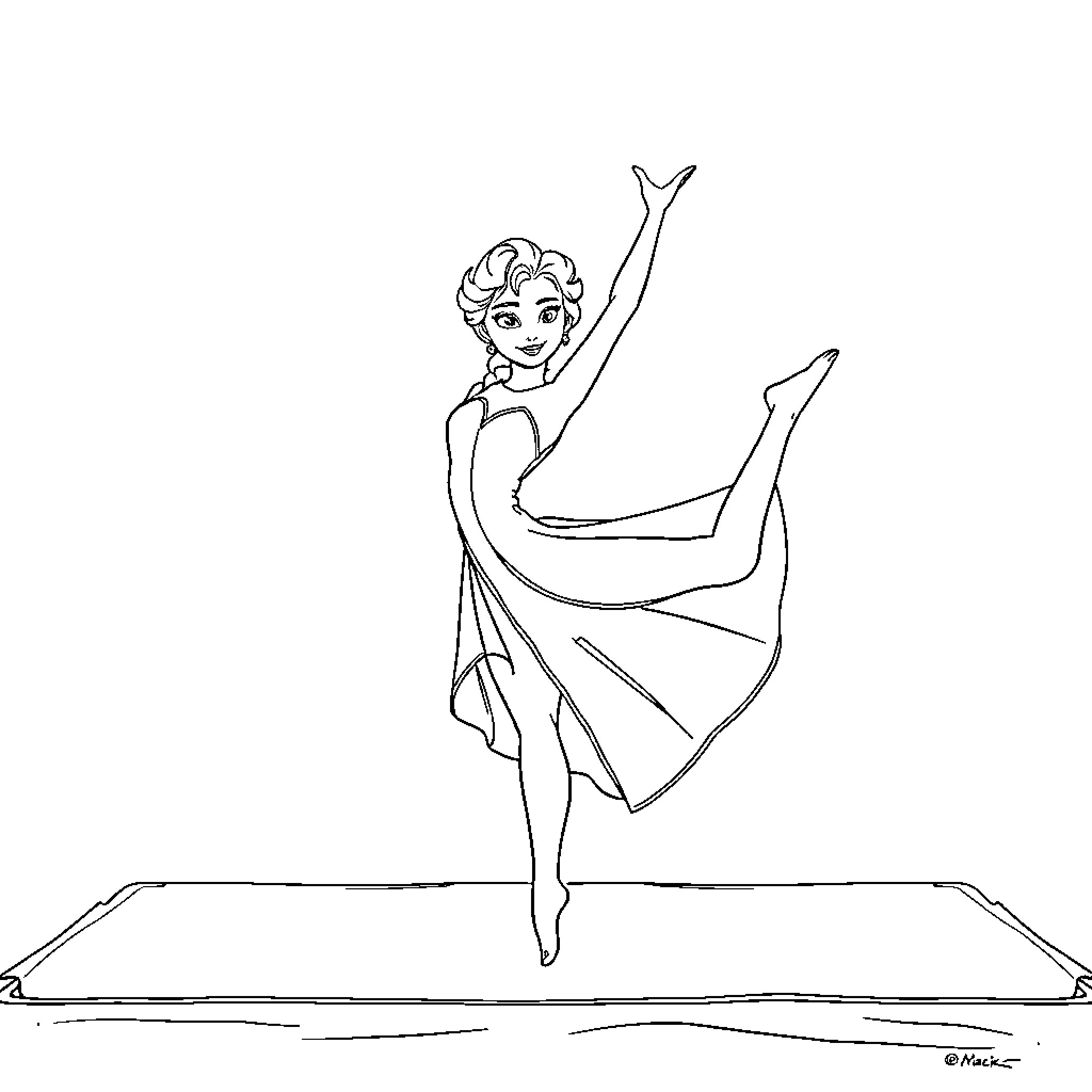 Elsa dancing gracefully on the stage Coloring Page (free black-and-white line drawing printable PDF for all, from beginners to advanced learners, including children, teens, adults, and seniors)