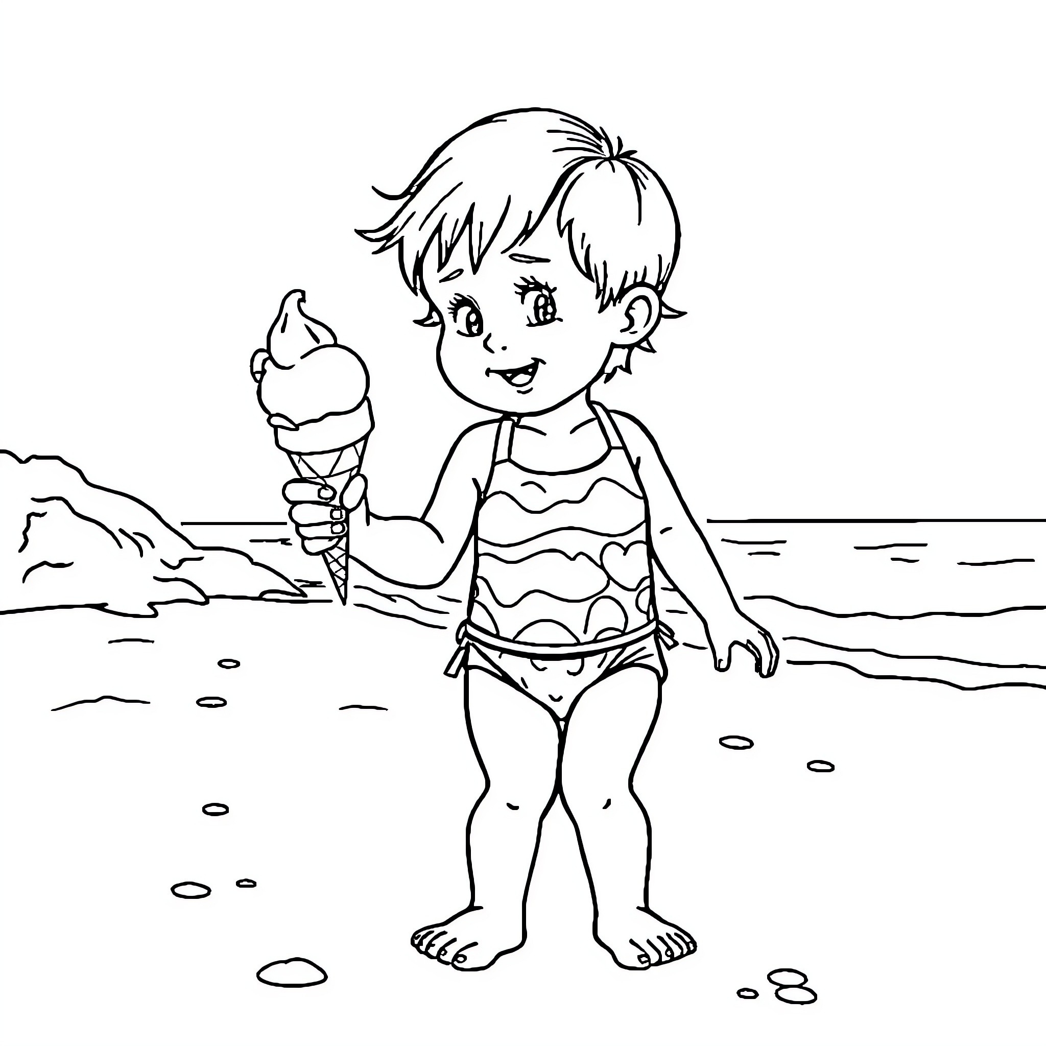 Child enjoying ice cream at the beach Coloring Page (free black-and-white line drawing printable PDF for all, from beginners to advanced learners, including children, teens, adults, and seniors)