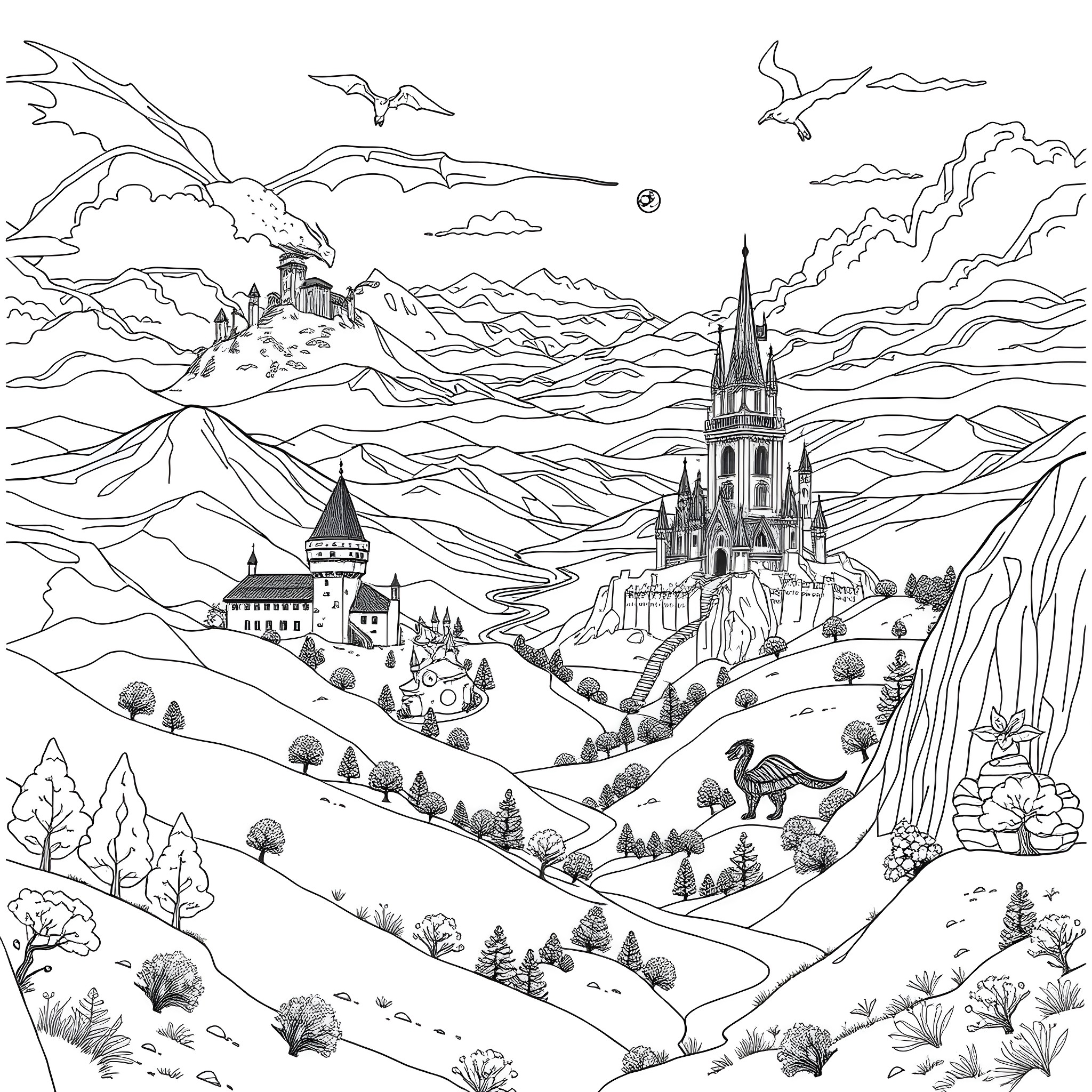 Dragon Soaring Over Enchanting Castle Landscape Coloring Page (free black-and-white line drawing printable PDF for all, from beginners to advanced learners, including children, teens, adults, and seniors)