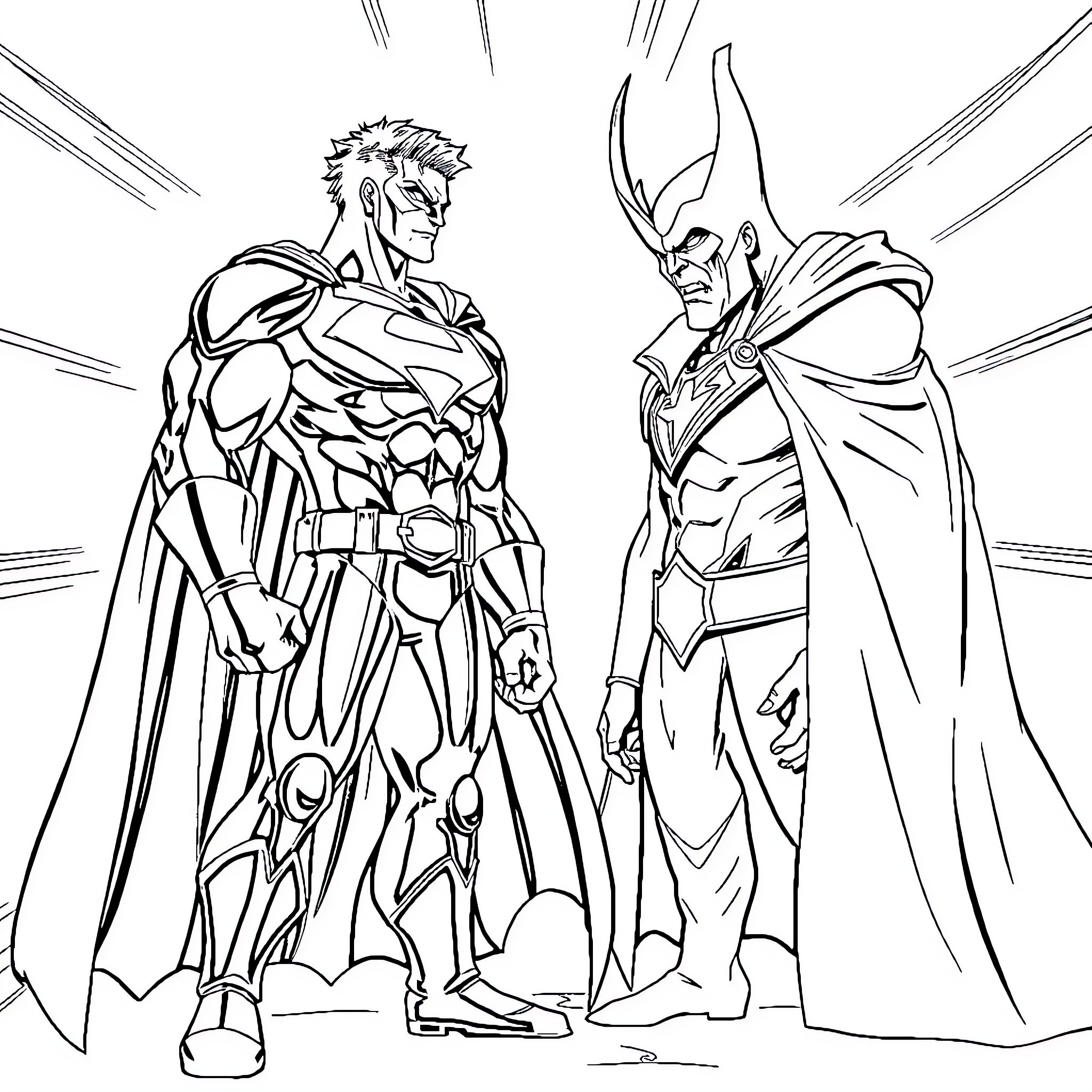 Superhero Duo in Epic Confrontation Coloring Page (free black-and-white line drawing printable PDF for all, from beginners to advanced learners, including children, teens, adults, and seniors)