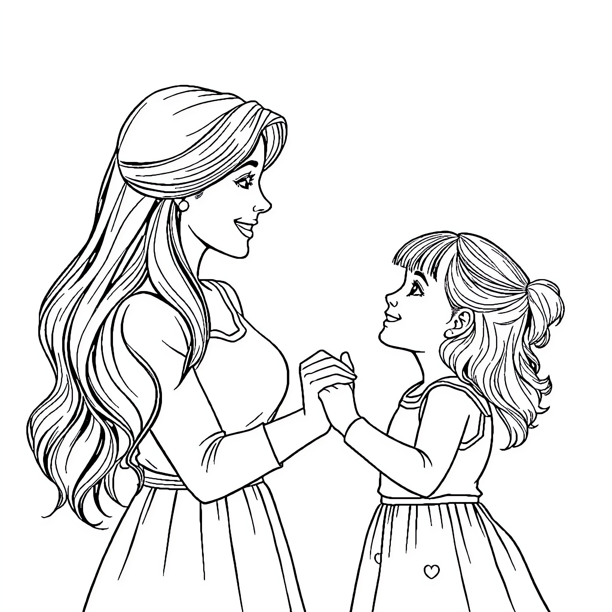 Mom and daughter sharing a tender moment Coloring Page (free black-and-white line drawing printable PDF for all, from beginners to advanced learners, including children, teens, adults, and seniors)