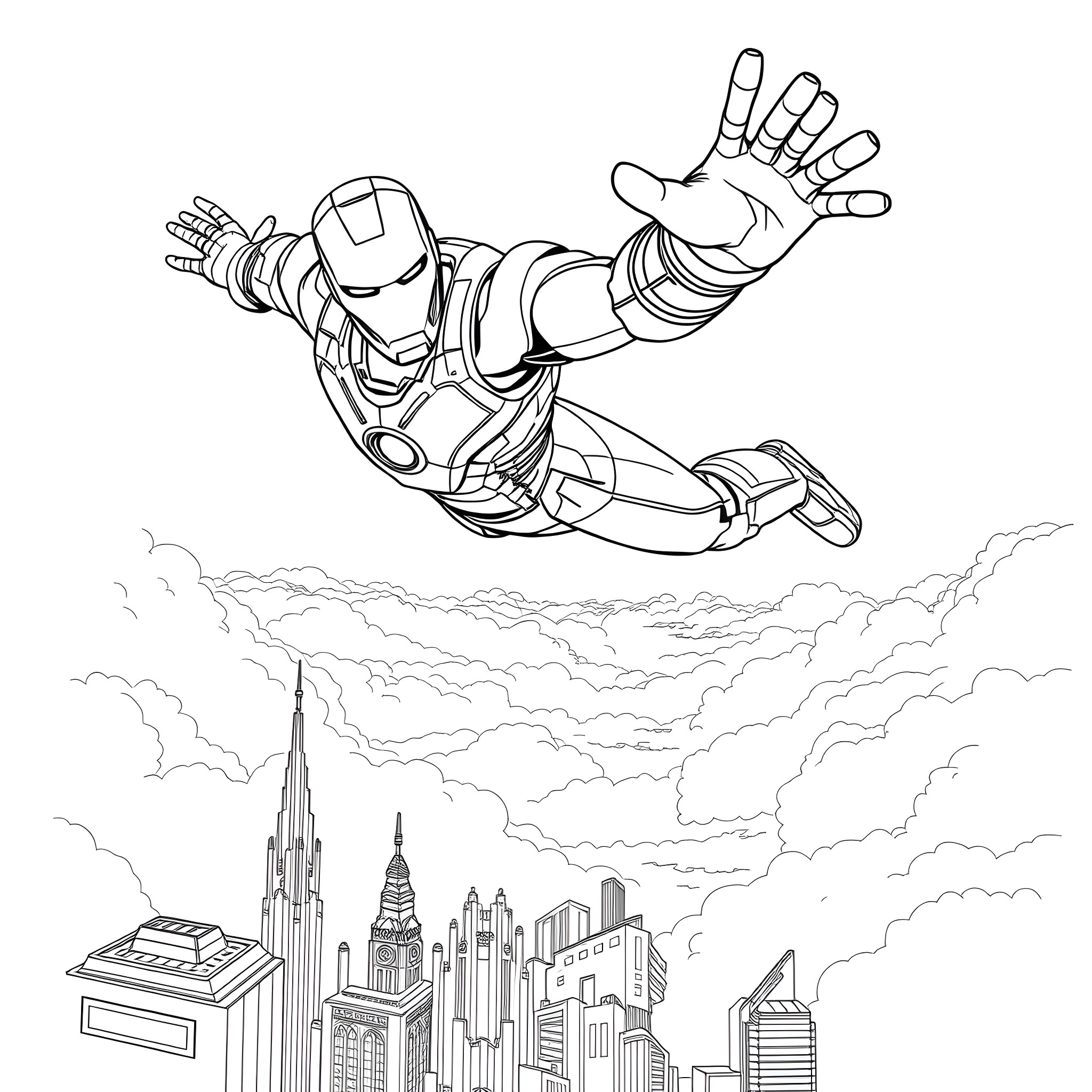 Ironman flying over a futuristic city Coloring Page (free black-and-white line drawing printable PDF for all, from beginners to advanced learners, including children, teens, adults, and seniors)