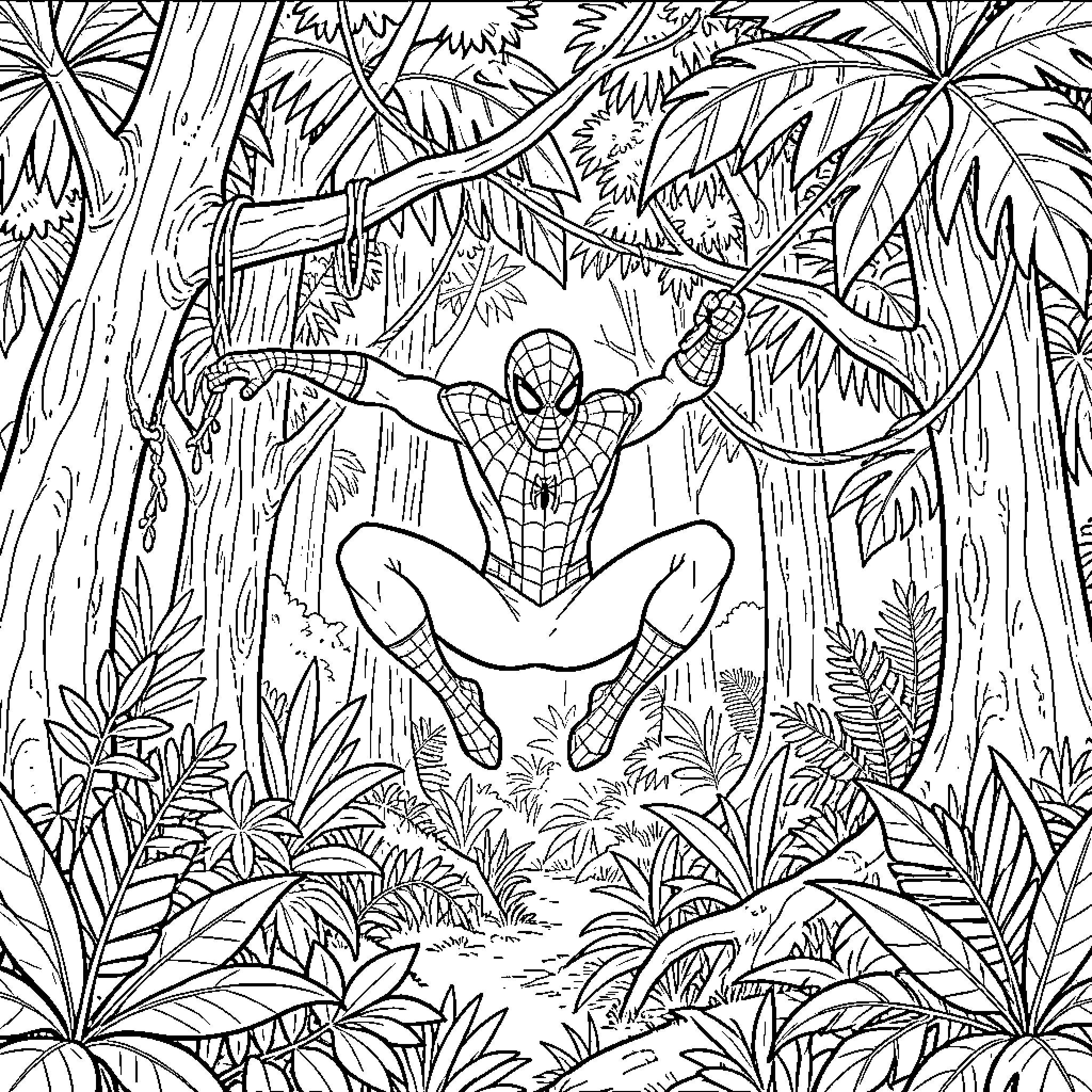 Spiderman swinging through a dense jungle environment Coloring Page (free black-and-white line drawing printable PDF for all, from beginners to advanced learners, including children, teens, adults, and seniors)