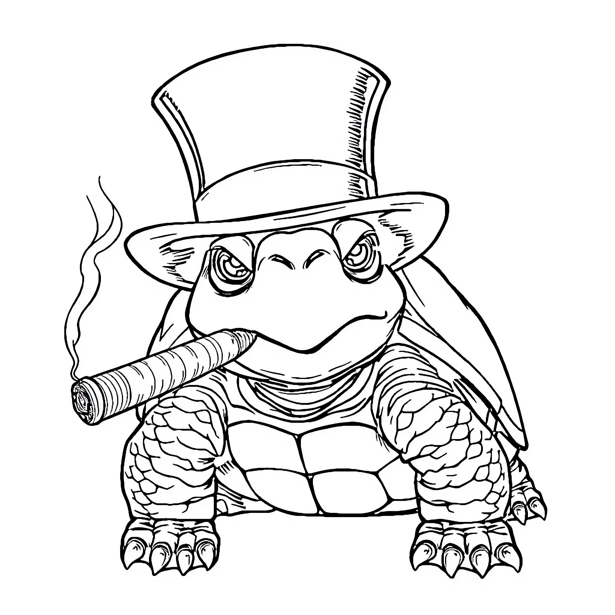 Turtle with top hat and cigar Coloring Page (free black-and-white line drawing printable PDF for all, from beginners to advanced learners, including children, teens, adults, and seniors)