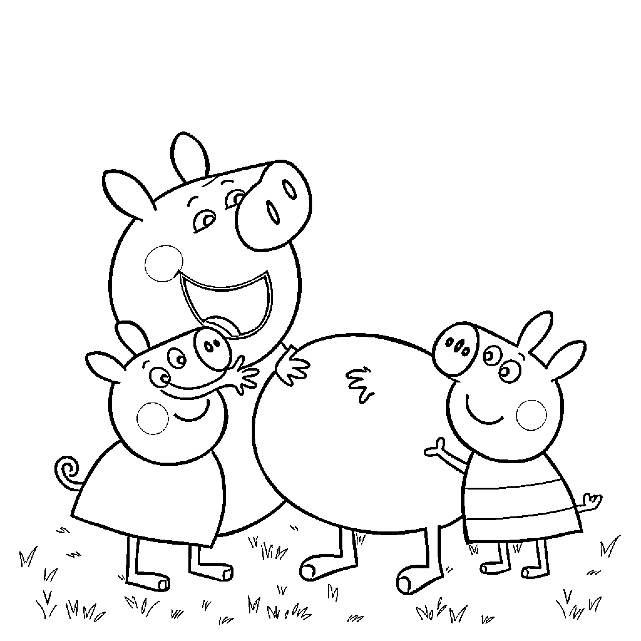 Pig family enjoying nature together Coloring Page (free black-and-white line drawing printable PDF for all, from beginners to advanced learners, including children, teens, adults, and seniors)