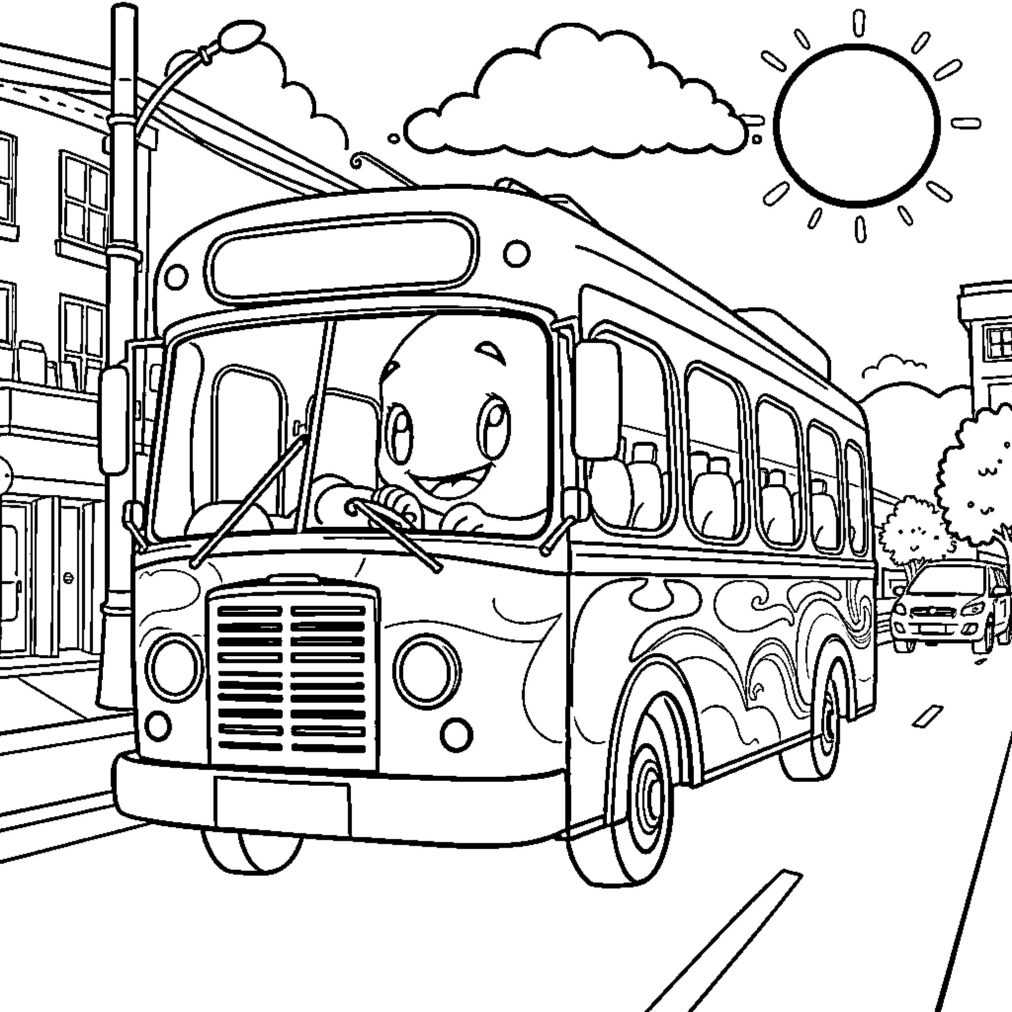 Bluey's Fun Bus Ride Around the Neighborhood Coloring Page (free black-and-white line drawing printable PDF for all, from beginners to advanced learners, including children, teens, adults, and seniors)