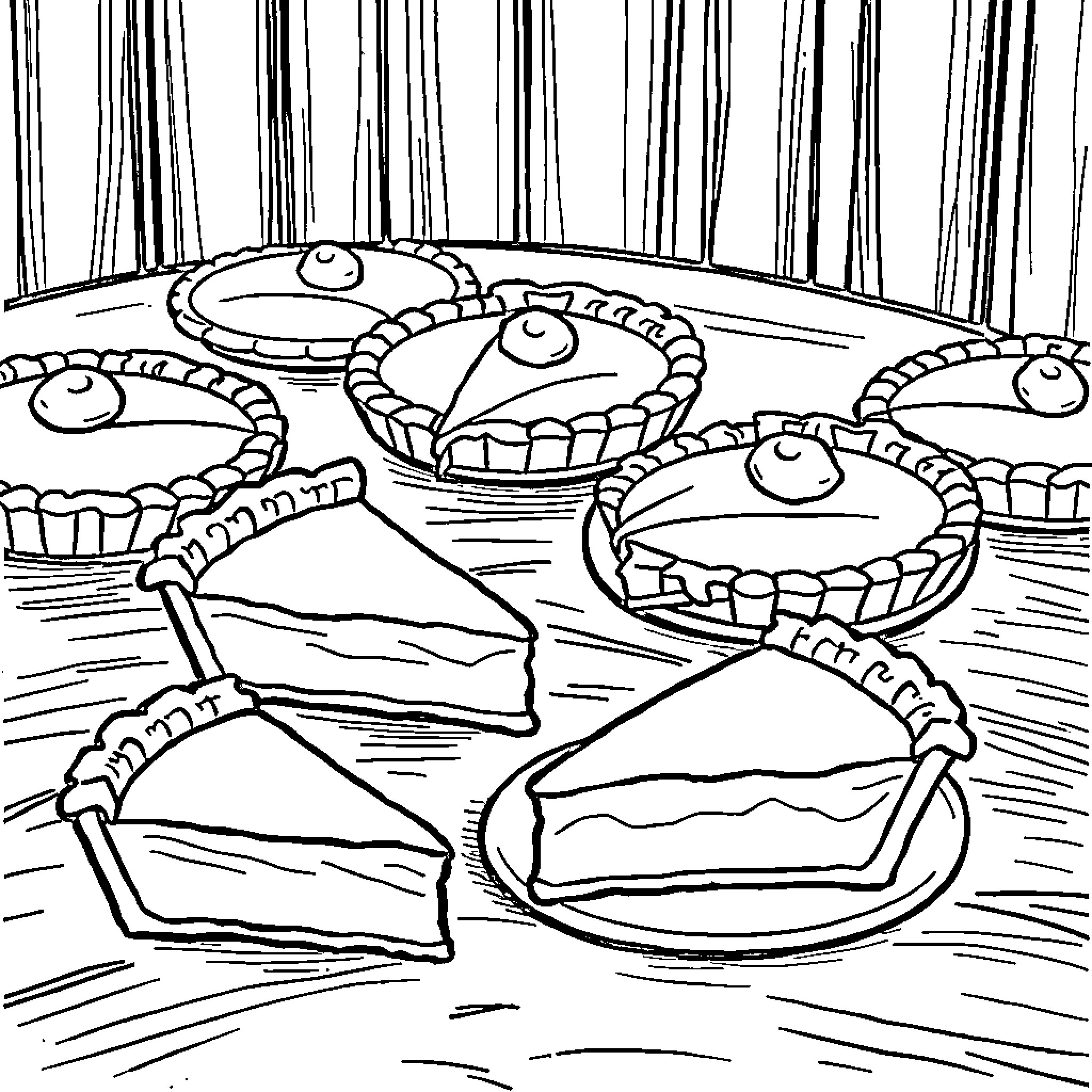 Pie Feast on the Dining Table Coloring Page (free black-and-white line drawing printable PDF for all, from beginners to advanced learners, including children, teens, adults, and seniors)
