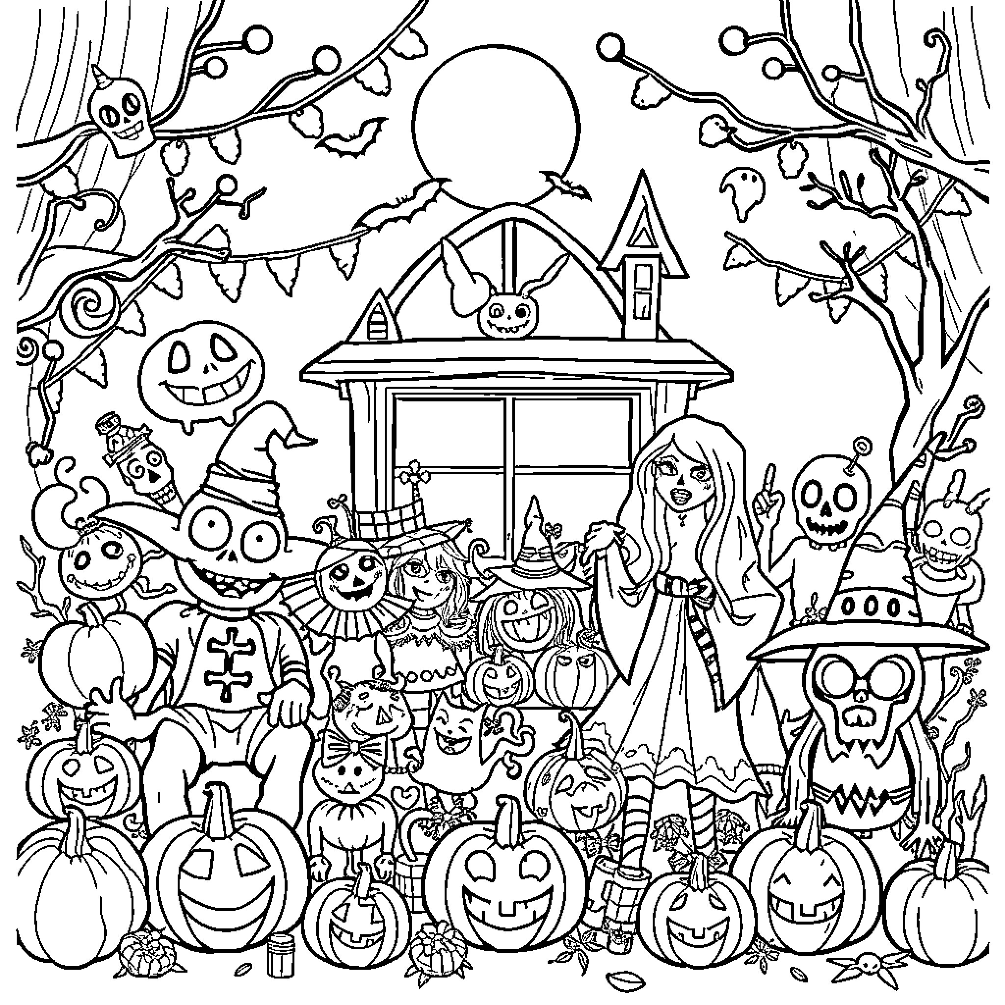 Halloween Celebration with Spooky Characters and Decorations Coloring Page (free black-and-white line drawing printable PDF for all, from beginners to advanced learners, including children, teens, adults, and seniors)