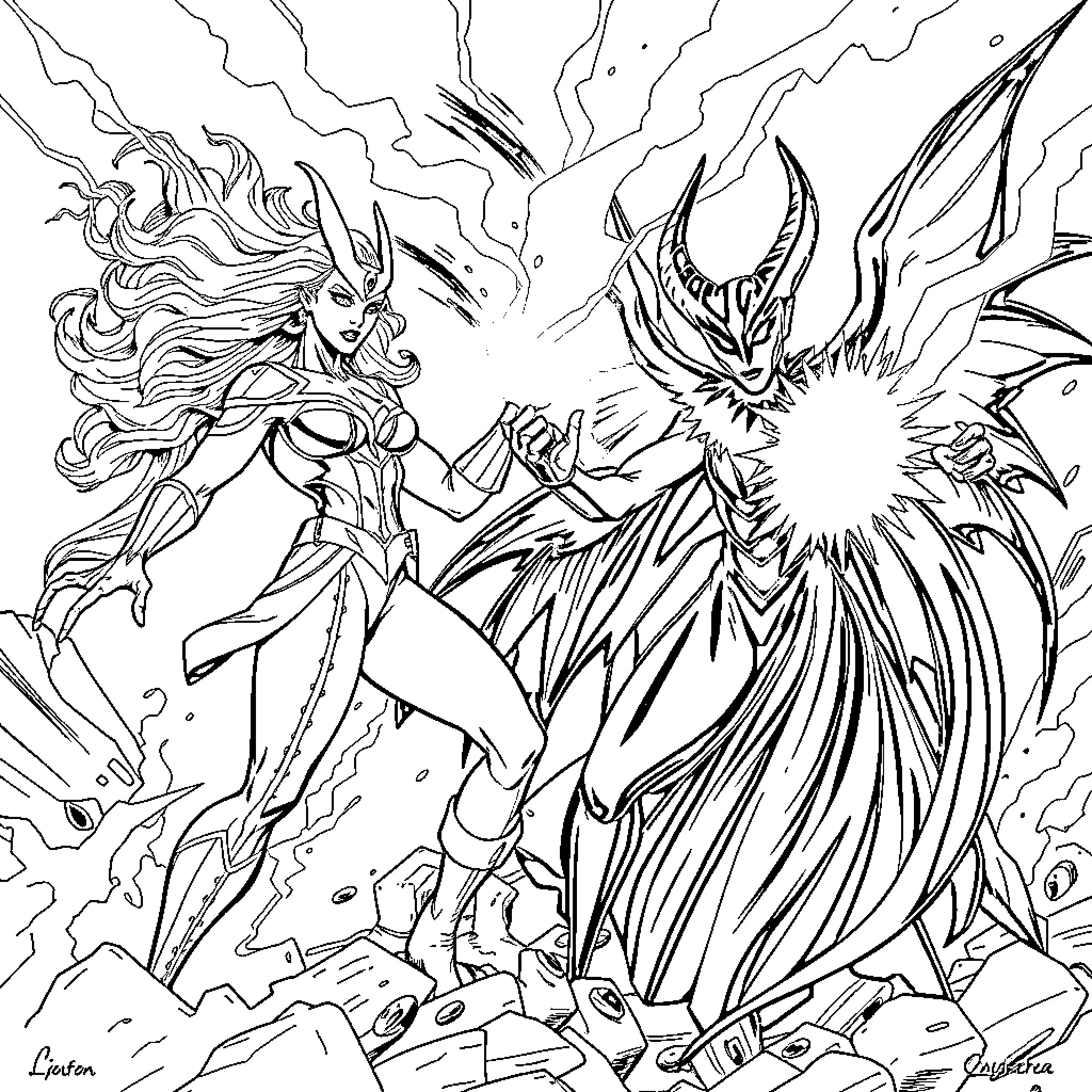 Storm of epic battle between mystical beings Coloring Page (free black-and-white line drawing printable PDF for all, from beginners to advanced learners, including children, teens, adults, and seniors)