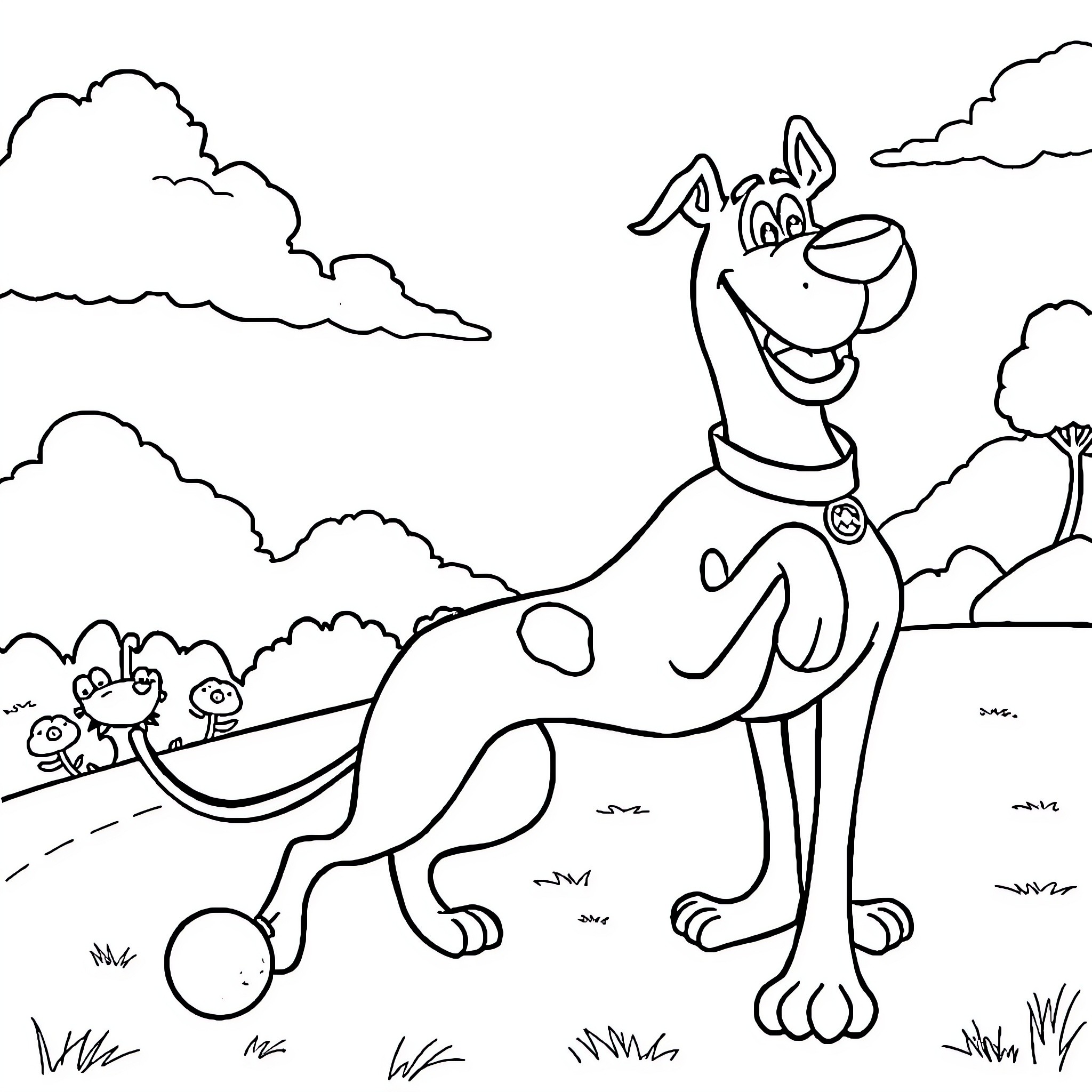 Scooby Doo's silly adventure in the countryside Coloring Page (free black-and-white line drawing printable PDF for all, from beginners to advanced learners, including children, teens, adults, and seniors)