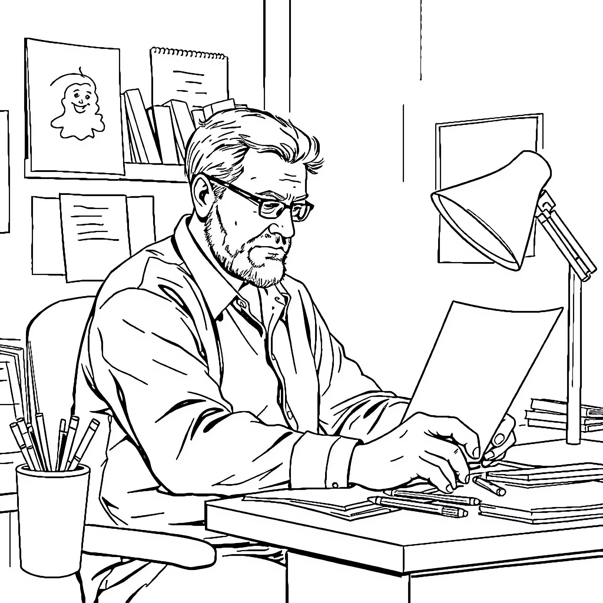 Bob working diligently at his desk in the office Coloring Page (free black-and-white line drawing printable PDF for all, from beginners to advanced learners, including children, teens, adults, and seniors)
