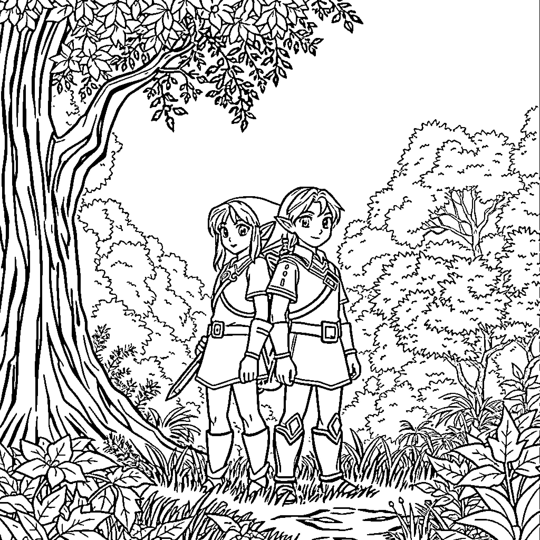 Zelda characters exploring a serene forest landscape Coloring Page (free black-and-white line drawing printable PDF for all, from beginners to advanced learners, including children, teens, adults, and seniors)