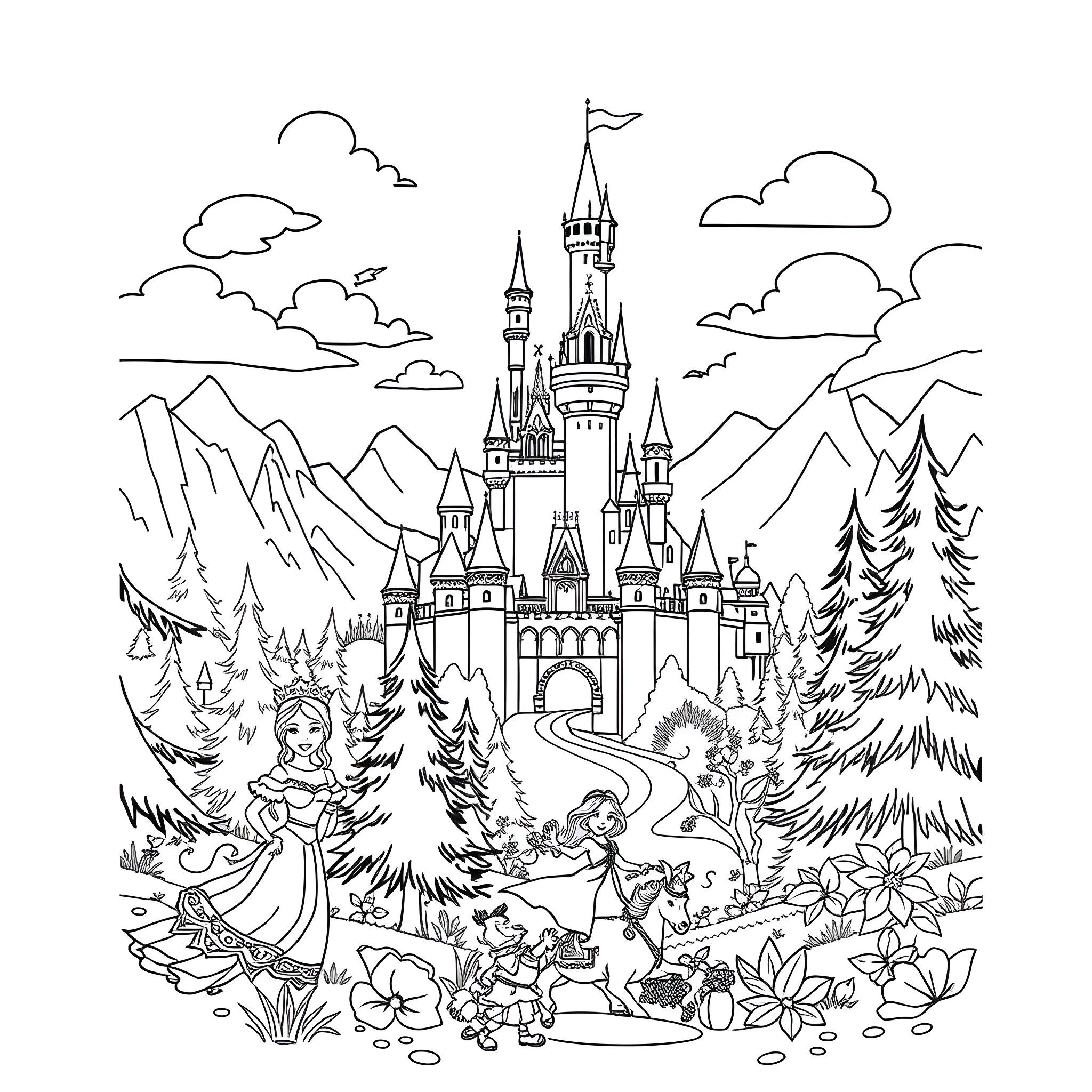 Disney characters in a magical castle landscape Coloring Page (free black-and-white line drawing printable PDF for all, from beginners to advanced learners, including children, teens, adults, and seniors)