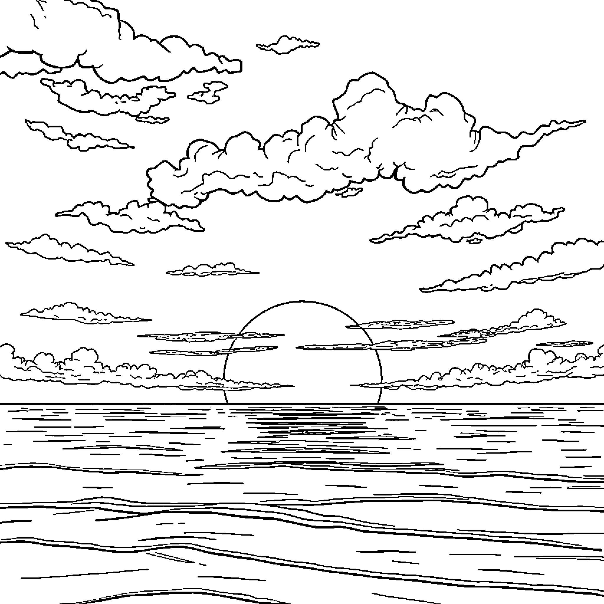 Sunrise over serene ocean scene Coloring Page (free black-and-white line drawing printable PDF for all, from beginners to advanced learners, including children, teens, adults, and seniors)
