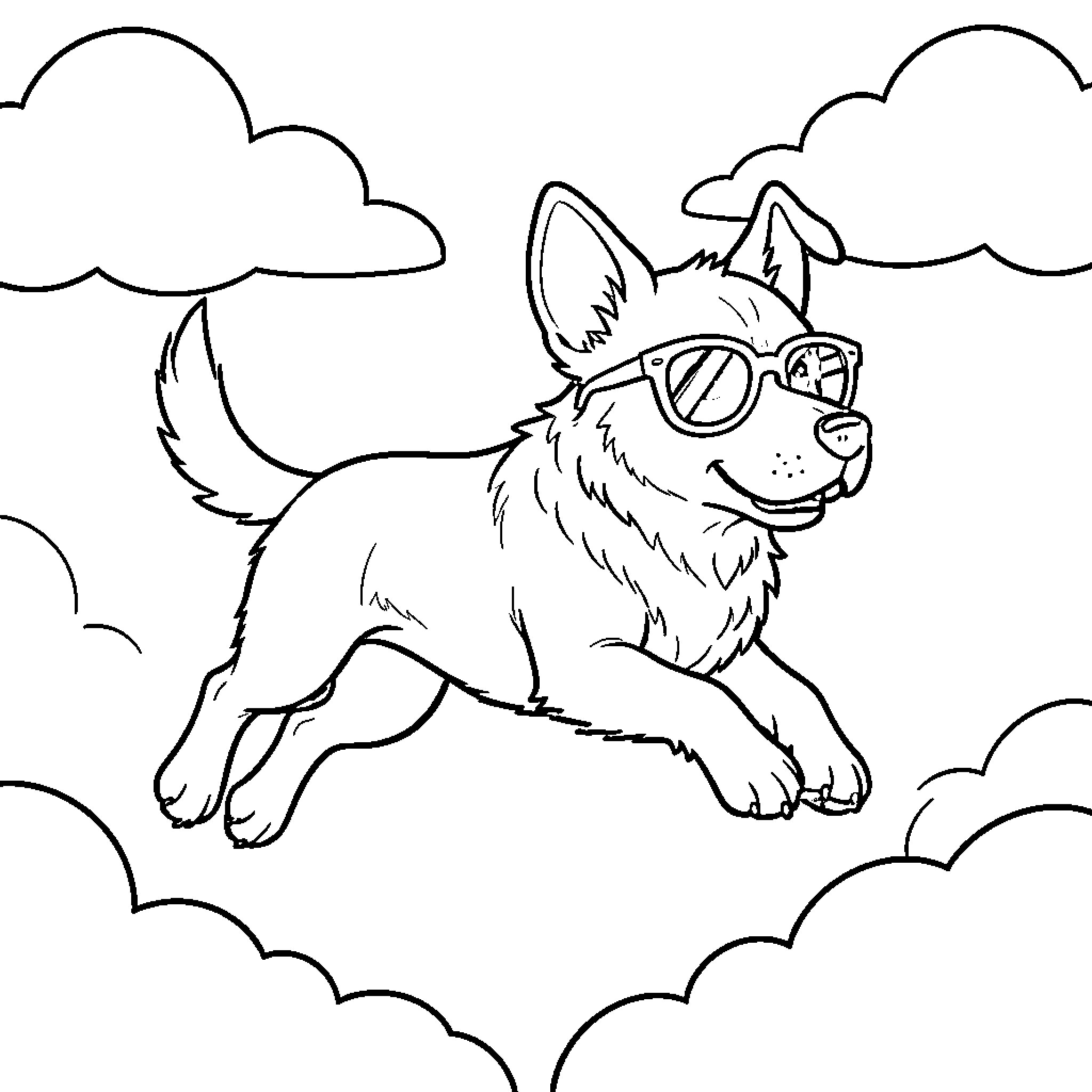 Dog wearing sunglasses jumping through the clouds Coloring Page (free black-and-white line drawing printable PDF for all, from beginners to advanced learners, including children, teens, adults, and seniors)