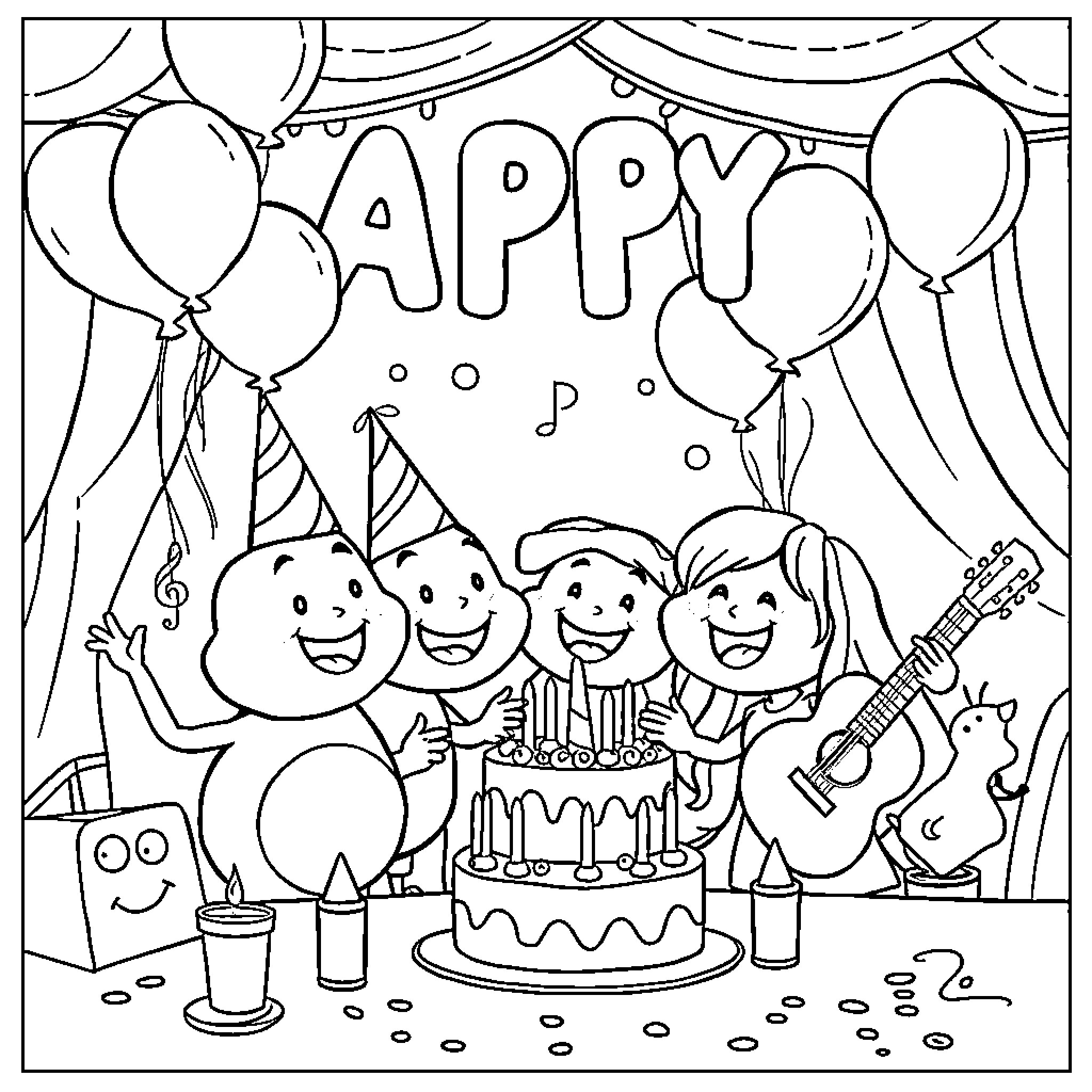 Bfdi Character Celebrating Birthday Party With Balloons Coloring Page (free black-and-white line drawing printable PDF for all, from beginners to advanced learners, including children, teens, adults, and seniors)
