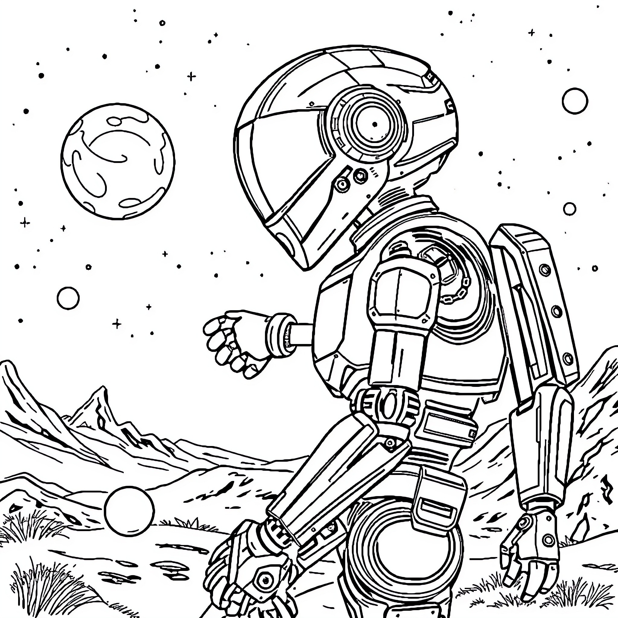 Space Robot exploring alien landscape Coloring Page (free black-and-white line drawing printable PDF for all, from beginners to advanced learners, including children, teens, adults, and seniors)