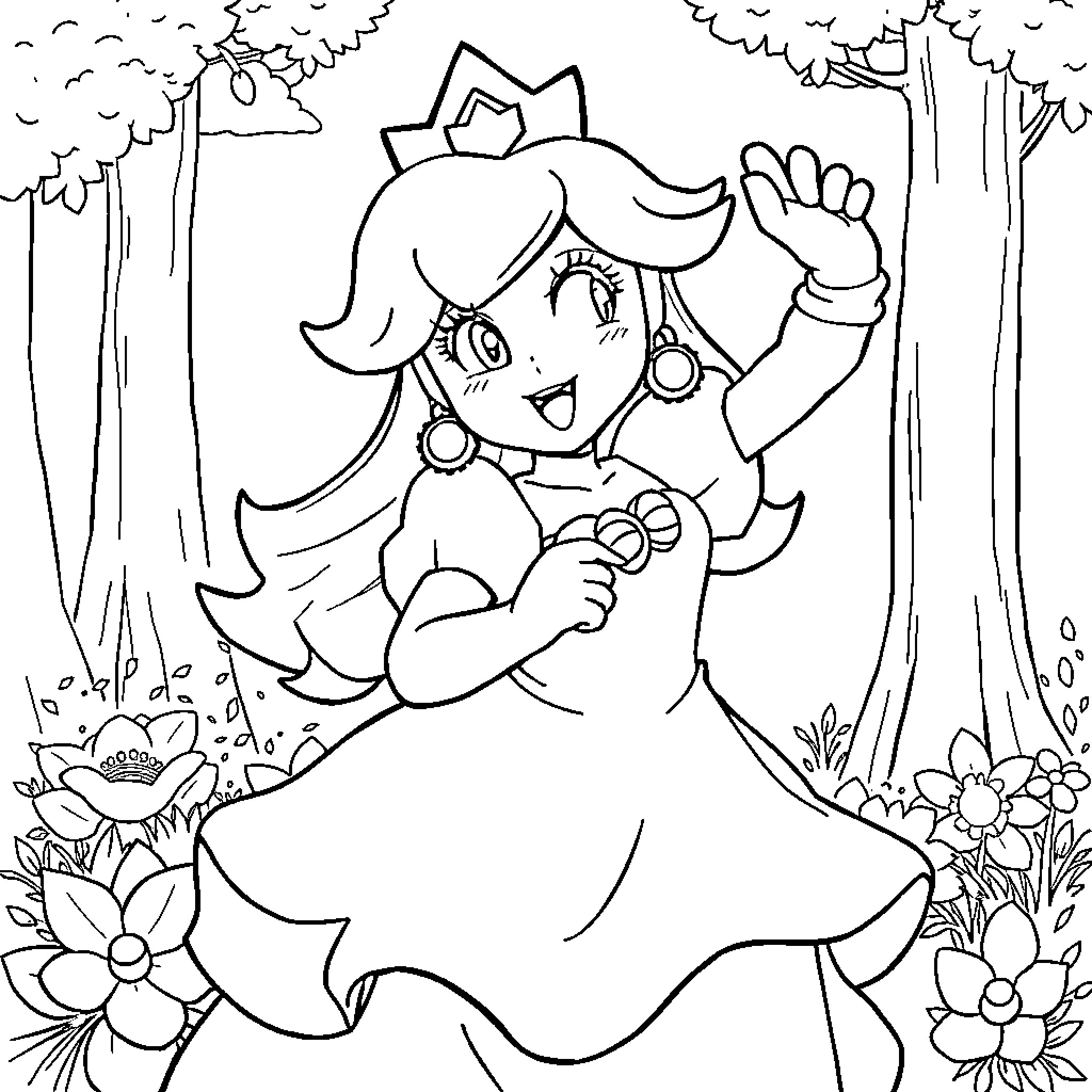 Princess in a Whimsical Forest Landscape Coloring Page (free black-and-white line drawing printable PDF for all, from beginners to advanced learners, including children, teens, adults, and seniors)