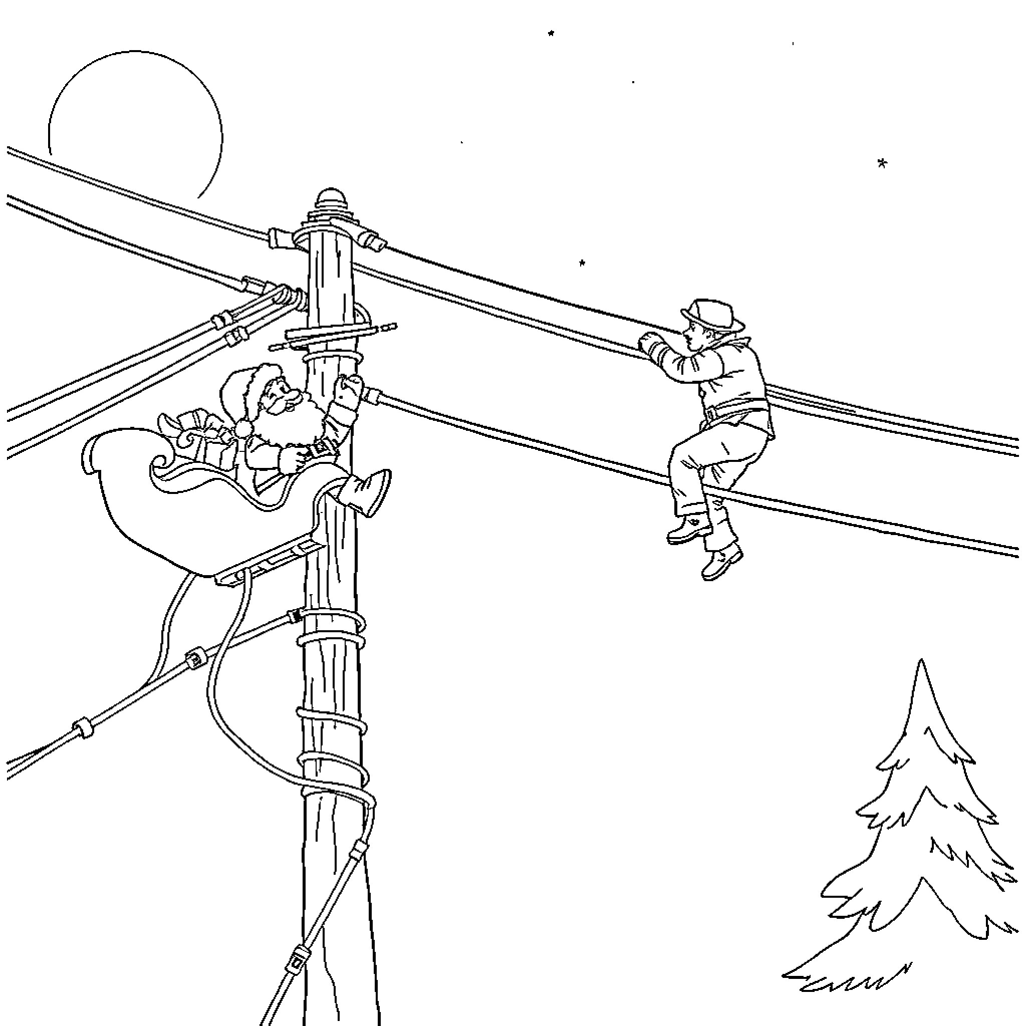 Santa Claus and Friends Soaring on a Zipline Adventure Coloring Page (free black-and-white line drawing printable PDF for all, from beginners to advanced learners, including children, teens, adults, and seniors)