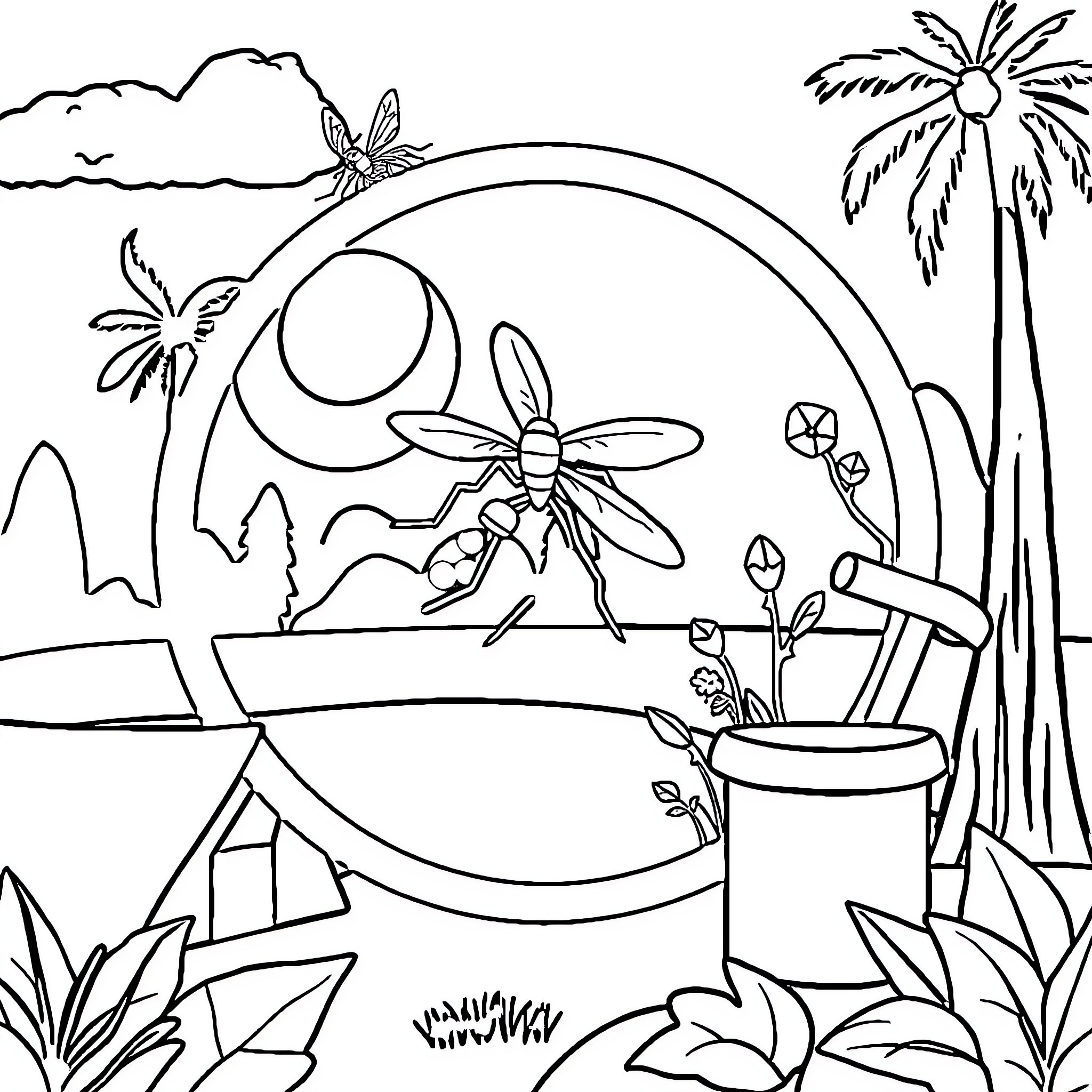 Dengue Mosquitoes in Tropical Landscape Coloring Page (free black-and-white line drawing printable PDF for all, from beginners to advanced learners, including children, teens, adults, and seniors)