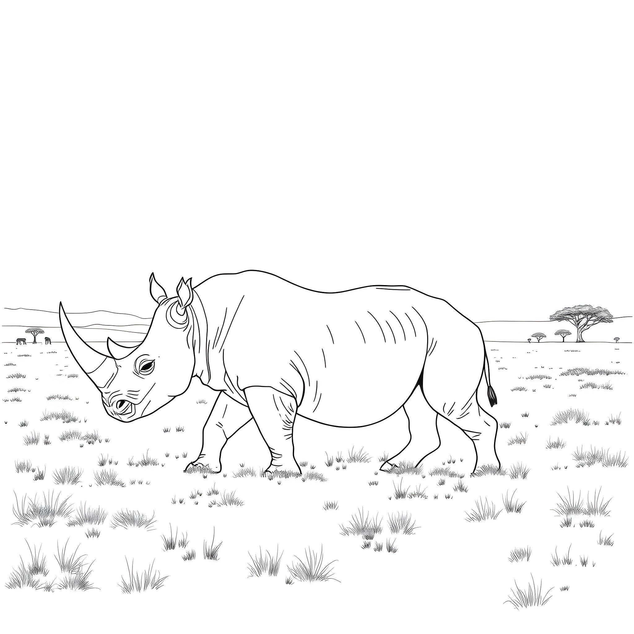 Rhino grazing peacefully in the African savanna Coloring Page (free black-and-white line drawing printable PDF for all, from beginners to advanced learners, including children, teens, adults, and seniors)