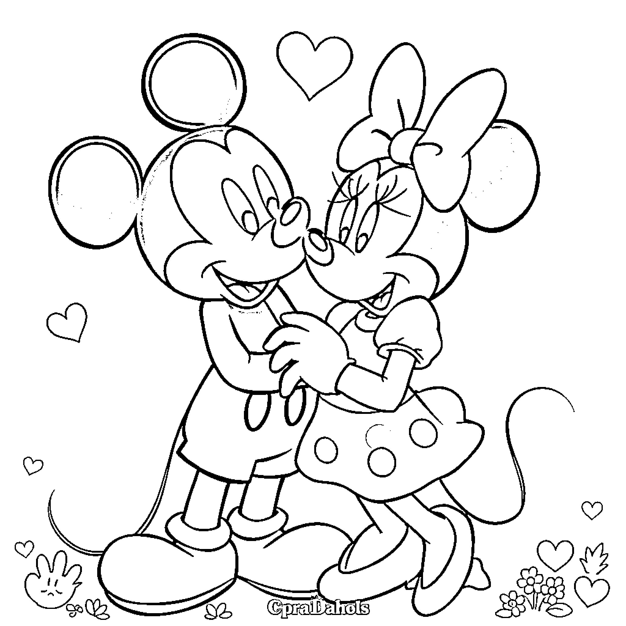 Mickey Mouse and Minnie Mouse in love Coloring Page (free black-and-white line drawing printable PDF for all, from beginners to advanced learners, including children, teens, adults, and seniors)