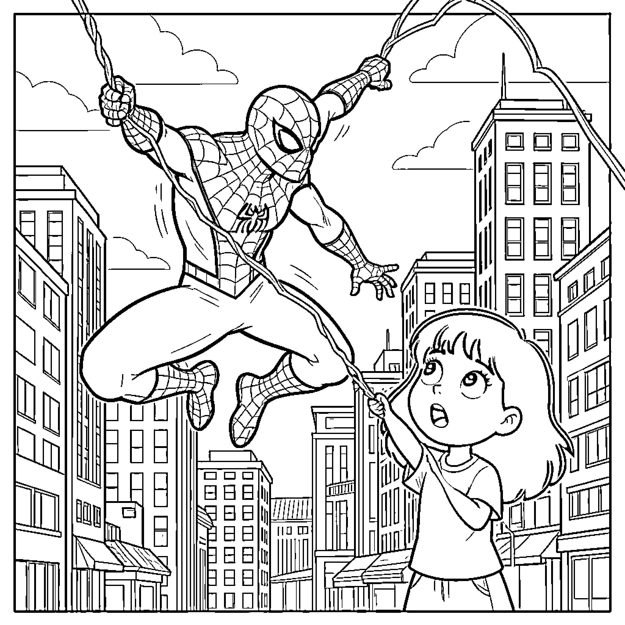 Spiderman swinging through city buildings near a curious girl Coloring Page (free black-and-white line drawing printable PDF for all, from beginners to advanced learners, including children, teens, adults, and seniors)