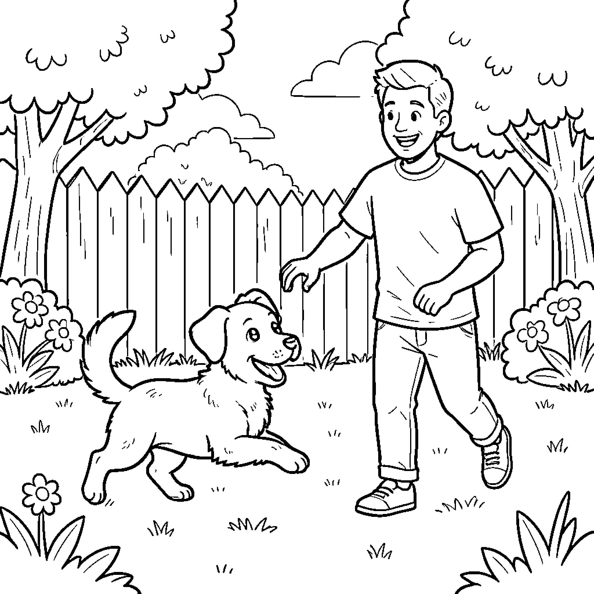 Puppy playing with happy boy in garden Coloring Page (free black-and-white line drawing printable PDF for all, from beginners to advanced learners, including children, teens, adults, and seniors)