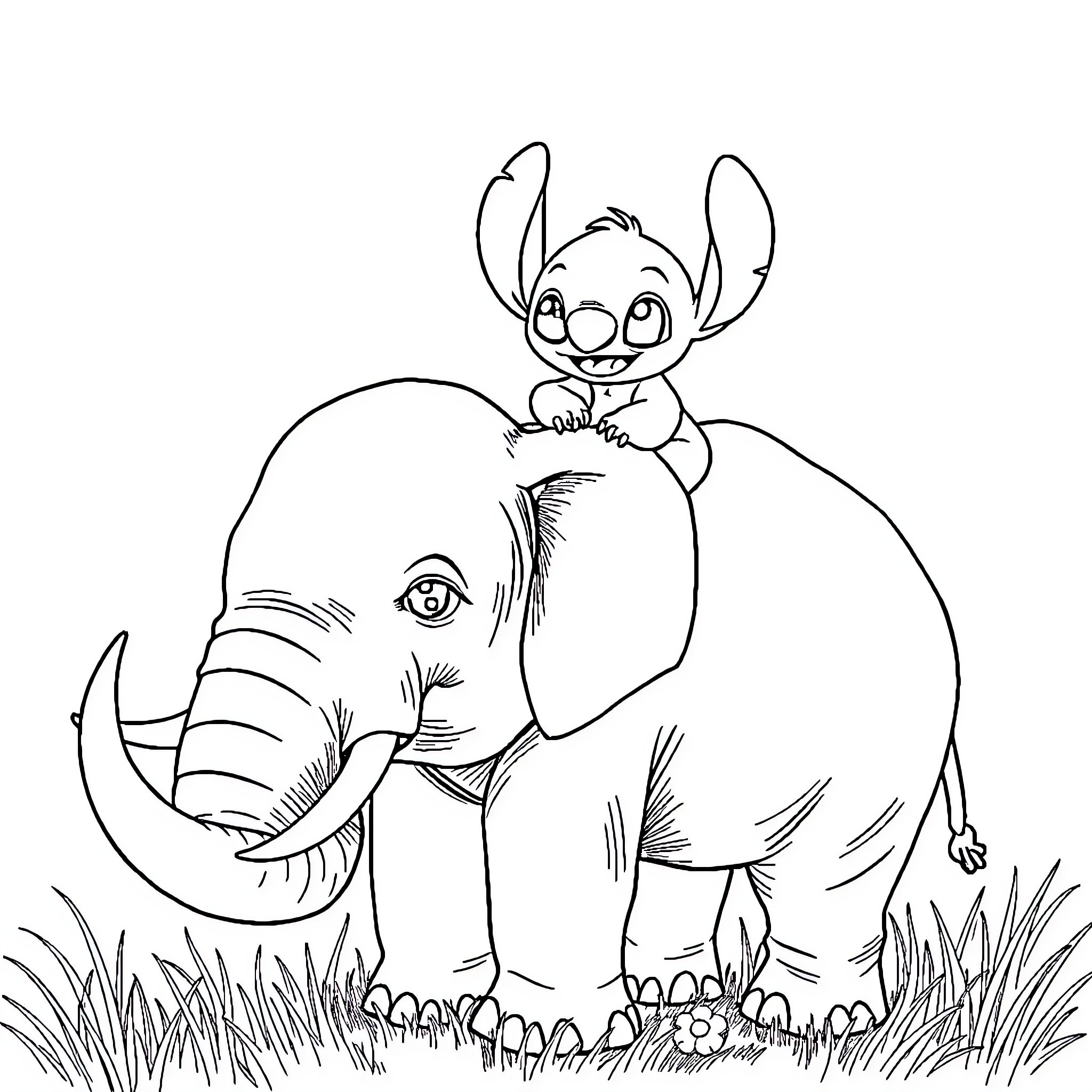 Stitch riding a playful elephant Coloring Page (free black-and-white line drawing printable PDF for all, from beginners to advanced learners, including children, teens, adults, and seniors)