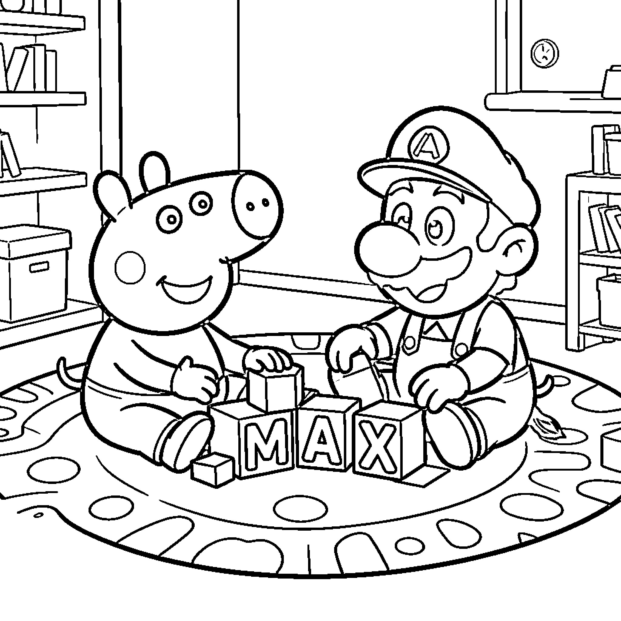Peppa and Mario playing with toy blocks in the room Coloring Page (free black-and-white line drawing printable PDF for all, from beginners to advanced learners, including children, teens, adults, and seniors)