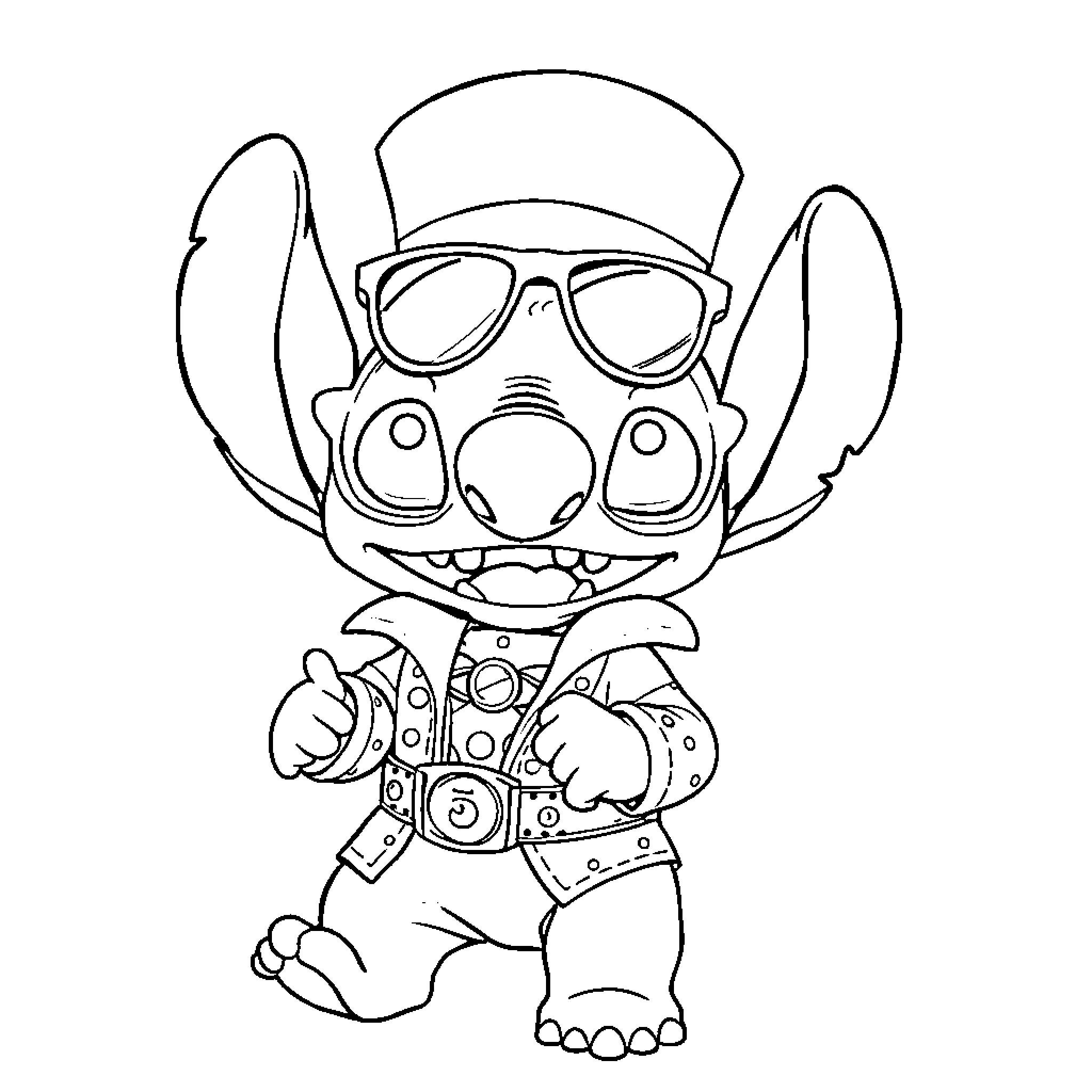 Stitch in Adventurous Attire Coloring Page (free black-and-white line drawing printable PDF for all, from beginners to advanced learners, including children, teens, adults, and seniors)