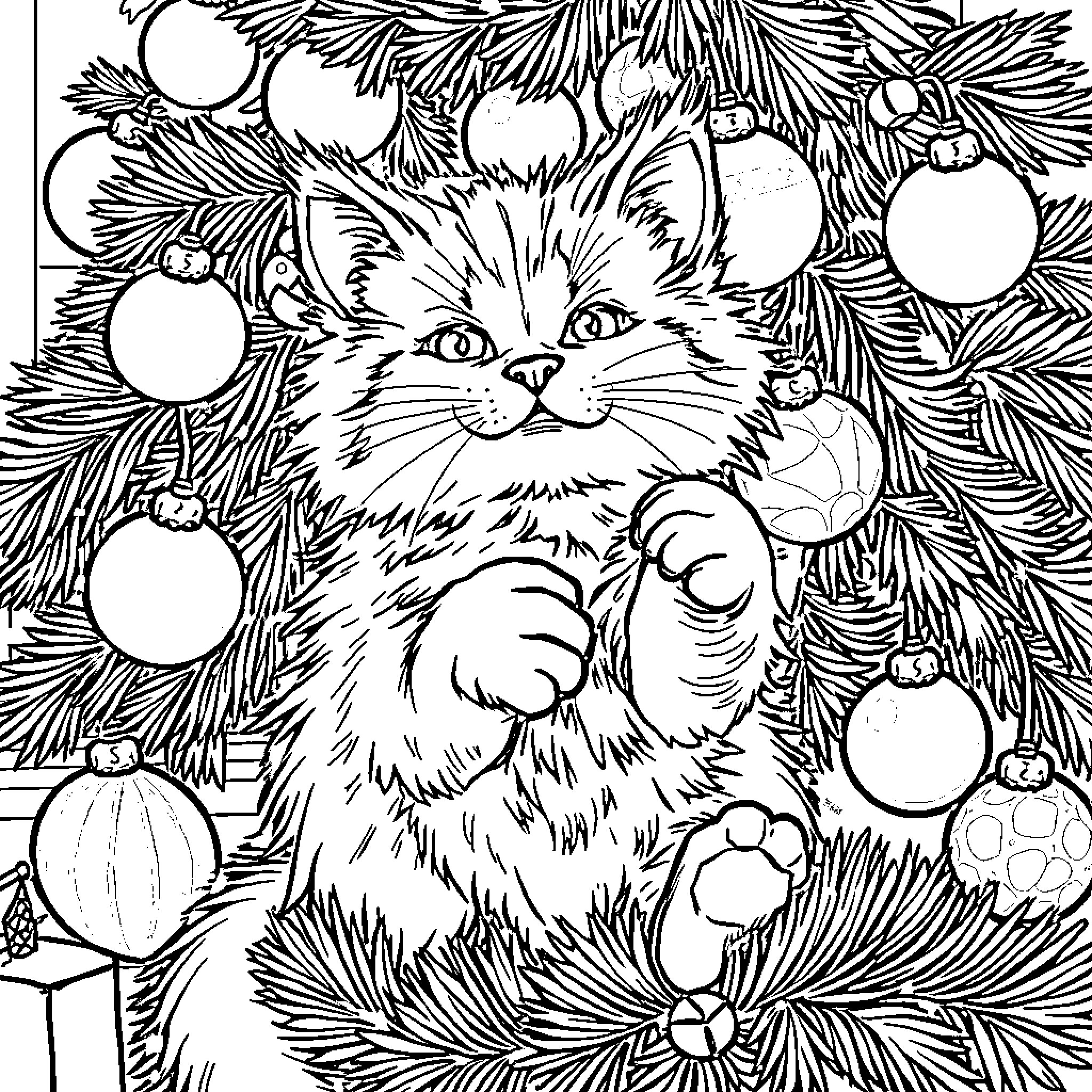 Cat among Christmas ornaments Coloring Page (free black-and-white line drawing printable PDF for all, from beginners to advanced learners, including children, teens, adults, and seniors)