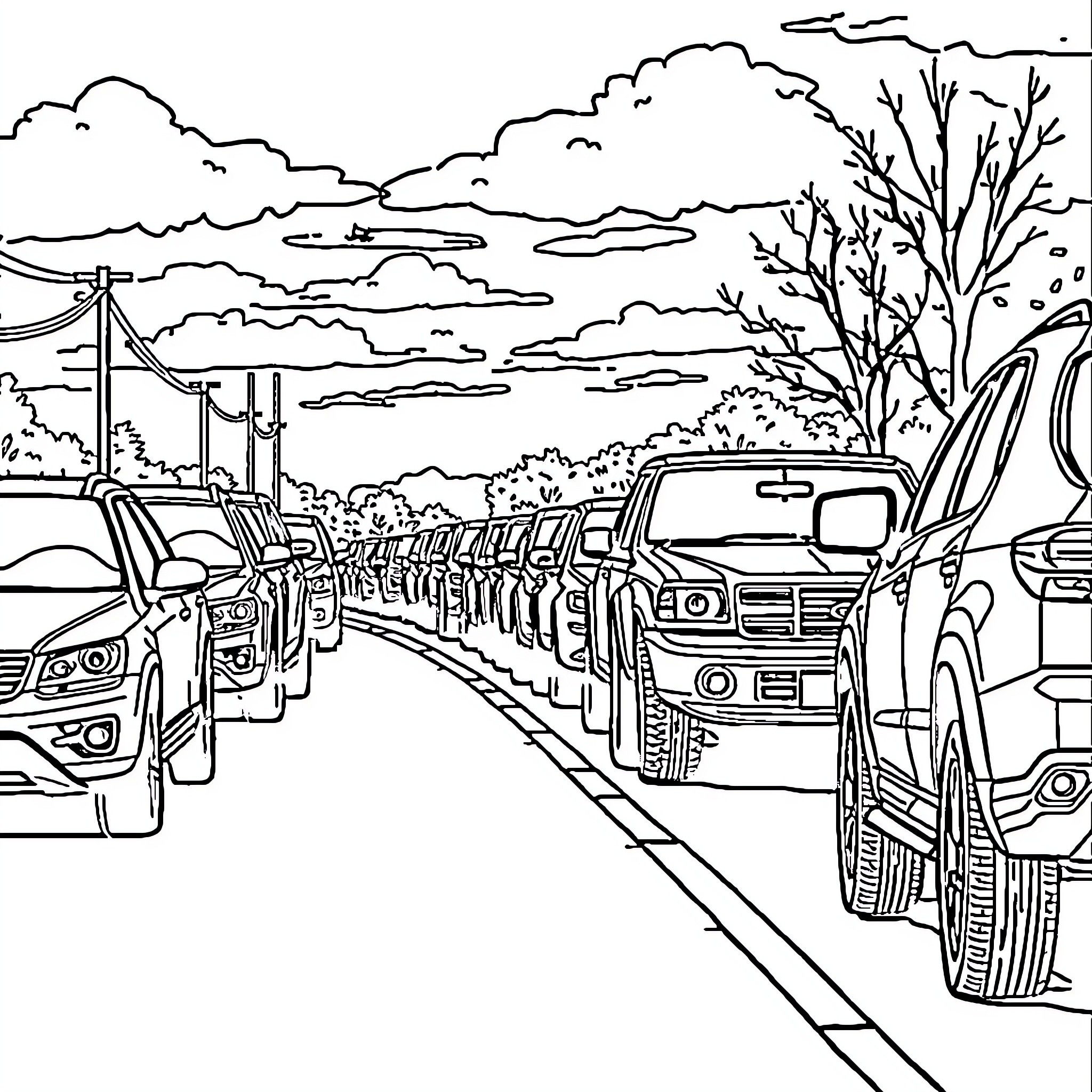 Vehicle Traffic on the Road in Cloudy Weather Coloring Page (free black-and-white line drawing printable PDF for all, from beginners to advanced learners, including children, teens, adults, and seniors)