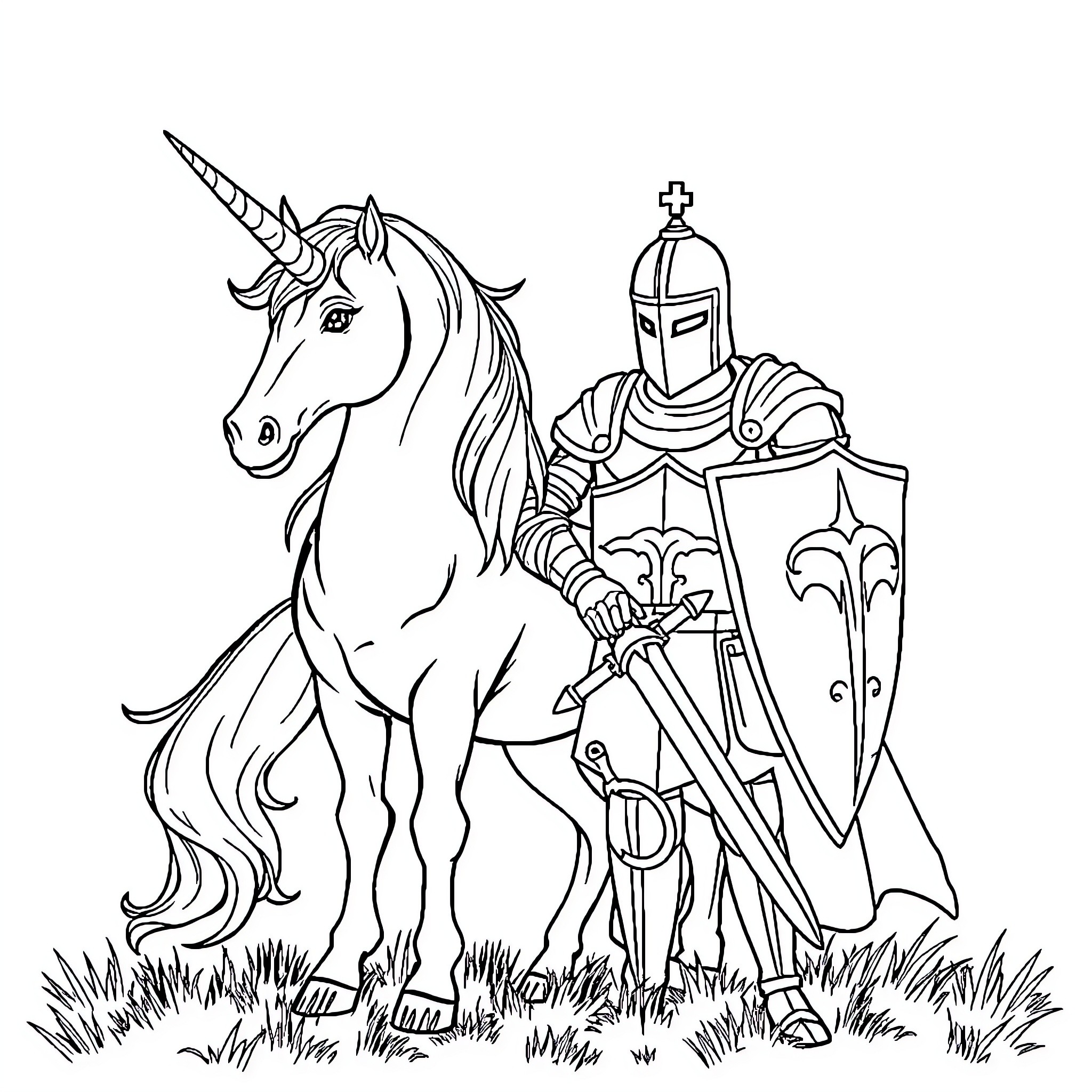 Unicorn and Brave Knight on Adventure Coloring Page (free black-and-white line drawing printable PDF for all, from beginners to advanced learners, including children, teens, adults, and seniors)
