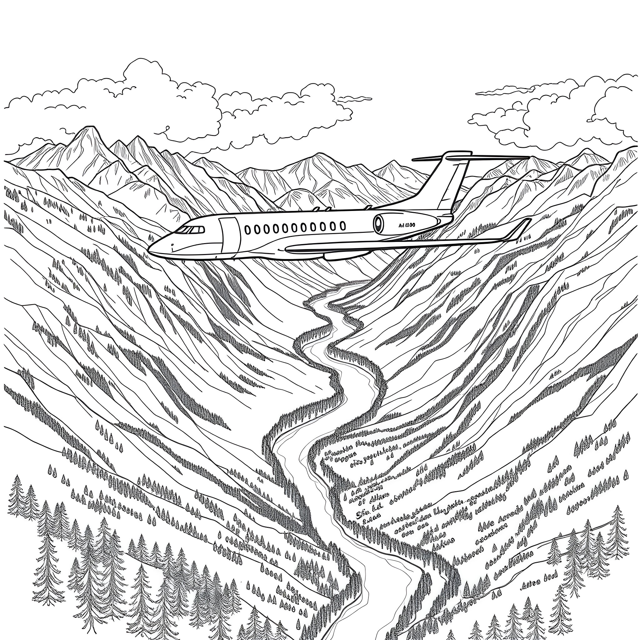 Airplane flying over majestic mountain landscape Coloring Page (free black-and-white line drawing printable PDF for all, from beginners to advanced learners, including children, teens, adults, and seniors)