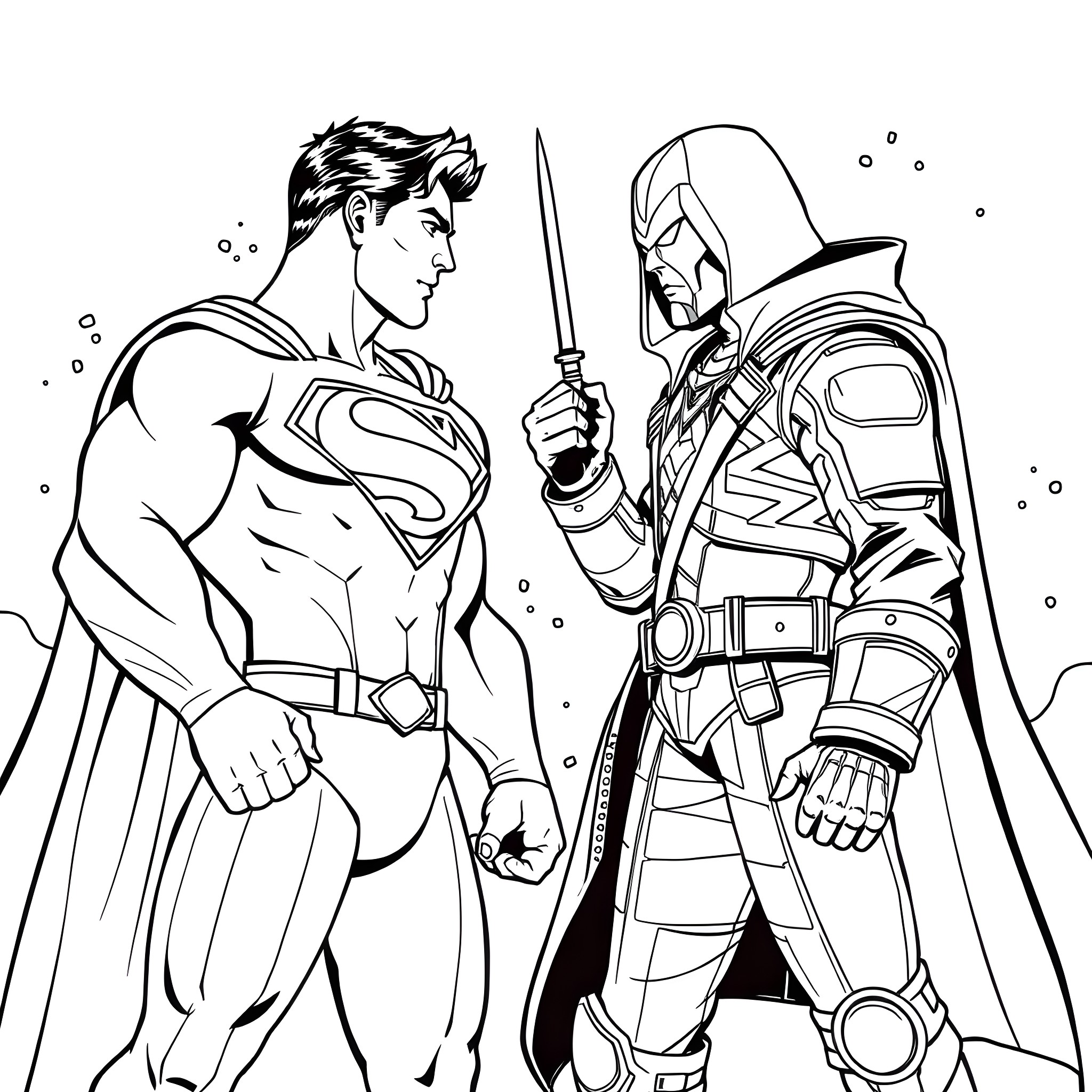 Superman confronting a masked villain with a sword Coloring Page (free black-and-white line drawing printable PDF for all, from beginners to advanced learners, including children, teens, adults, and seniors)