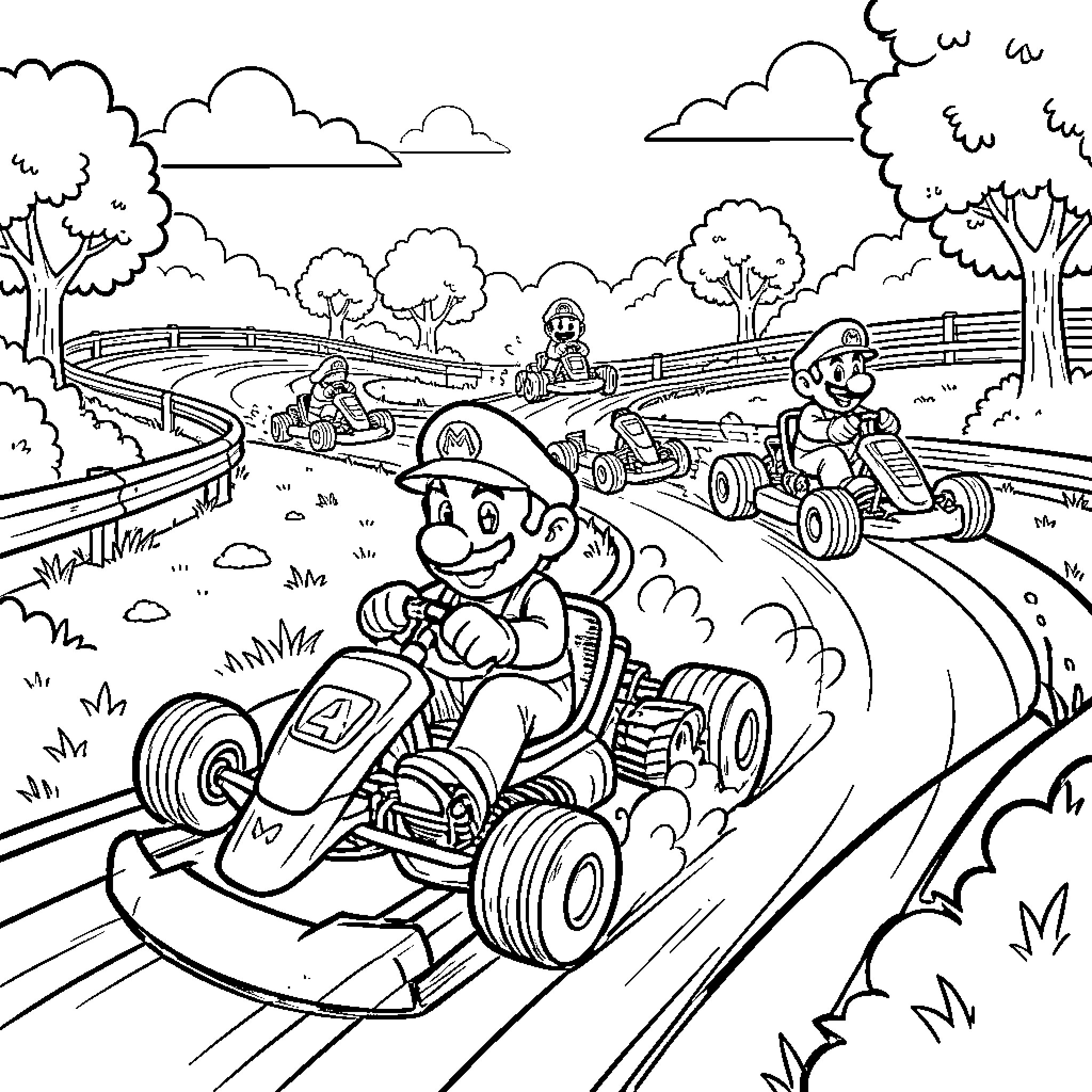 Mario Kart characters racing intensely on a winding track Coloring Page (free black-and-white line drawing printable PDF for all, from beginners to advanced learners, including children, teens, adults, and seniors)