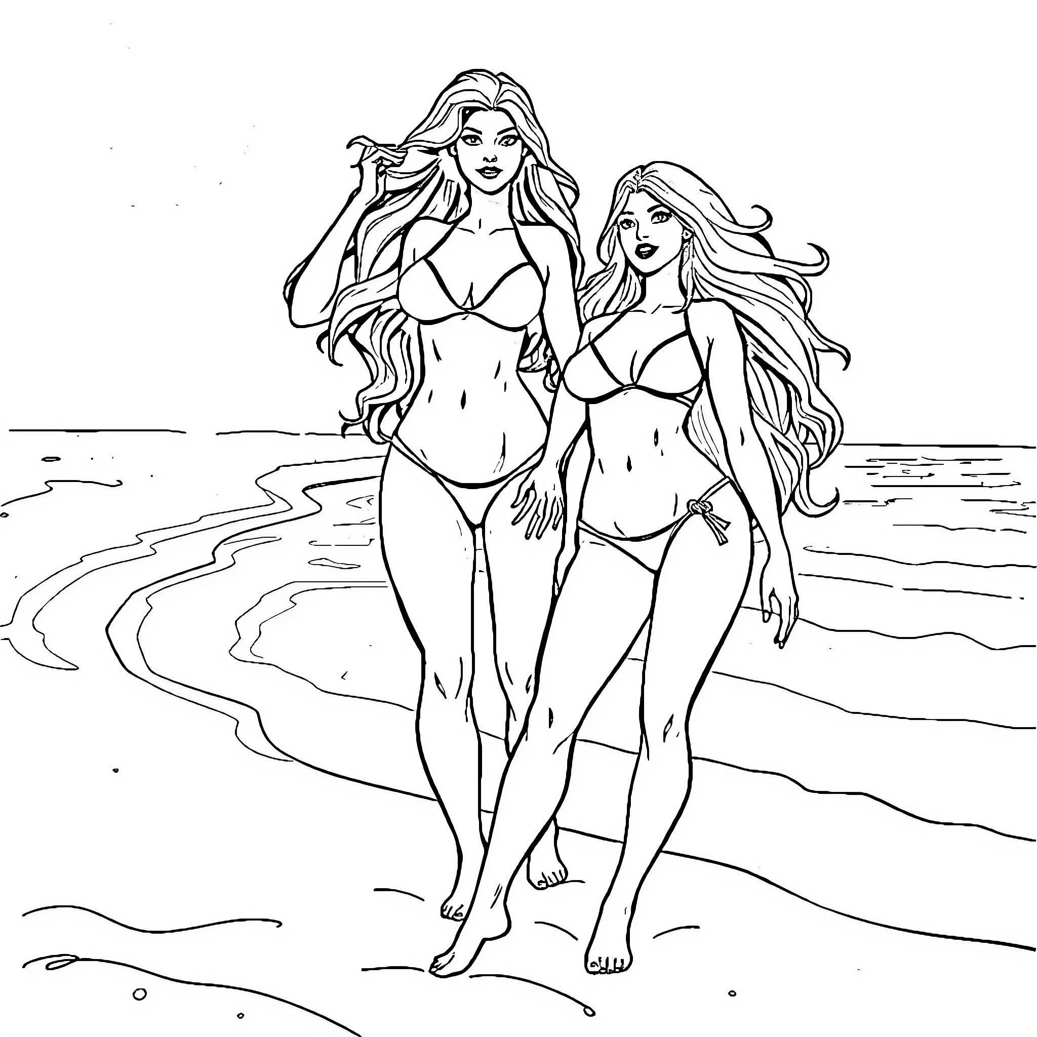 Jean Grey and companion in beachwear Coloring Page (free black-and-white line drawing printable PDF for all, from beginners to advanced learners, including children, teens, adults, and seniors)