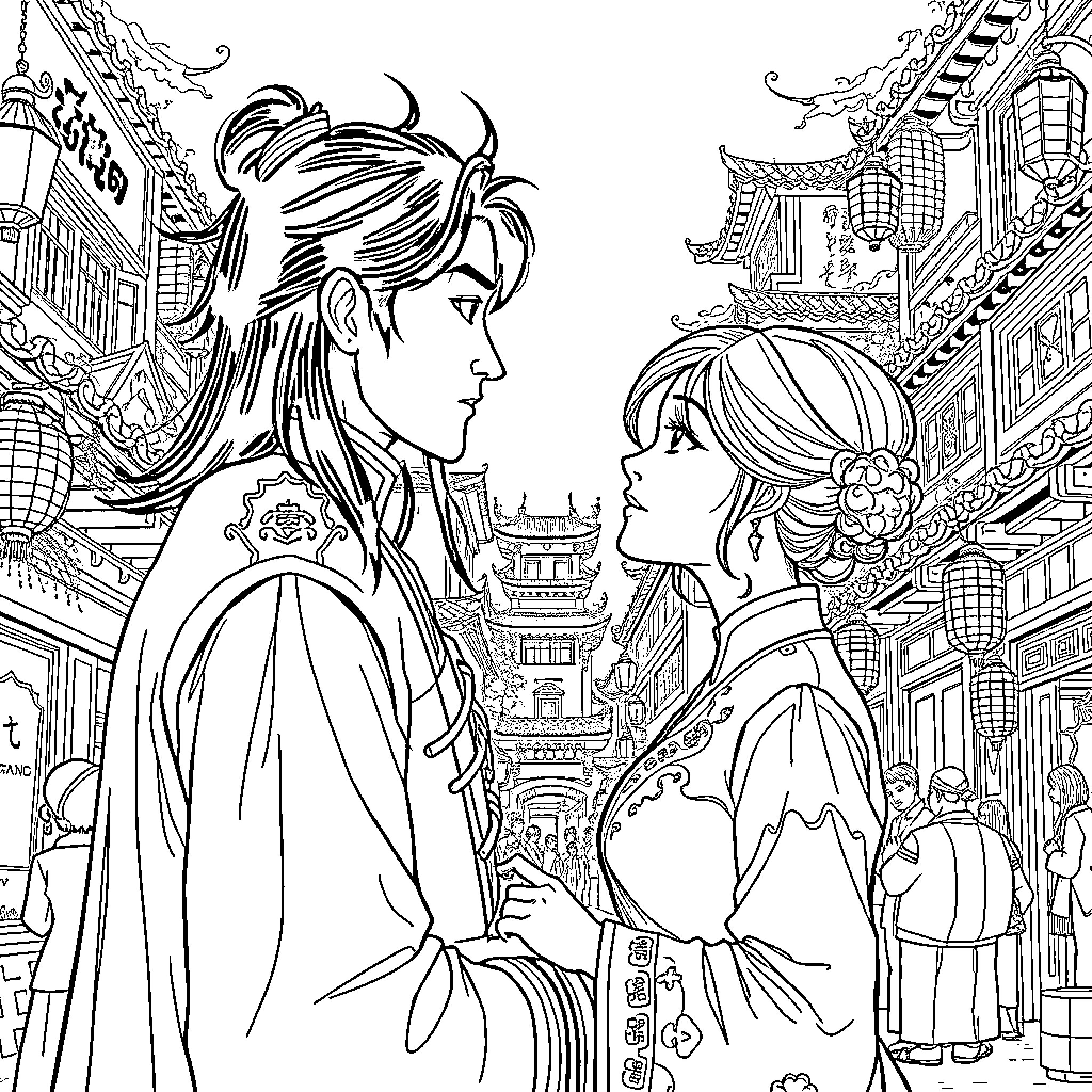 Lord Xuanli's encounter with a young woman in a bustling city Coloring Page (free black-and-white line drawing printable PDF for all, from beginners to advanced learners, including children, teens, adults, and seniors)