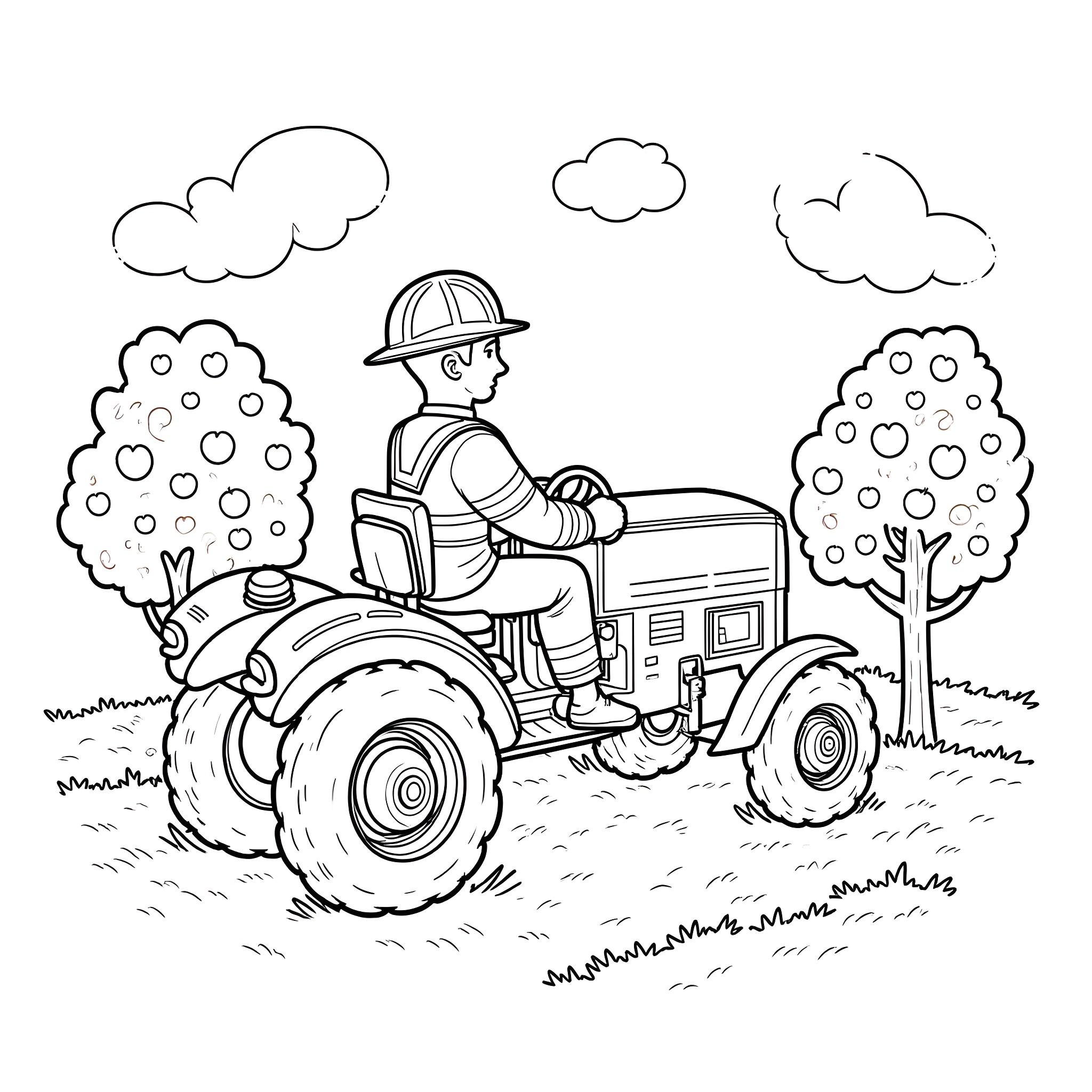 Firefighter operating tractor in the field Coloring Page (free black-and-white line drawing printable PDF for all, from beginners to advanced learners, including children, teens, adults, and seniors)