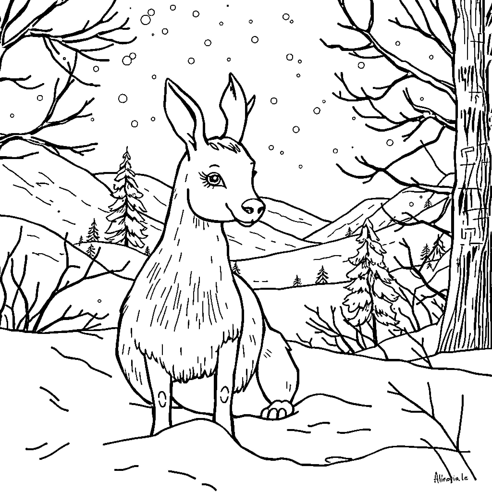 Renne the rabbit in the snowy forest Coloring Page (free black-and-white line drawing printable PDF for all, from beginners to advanced learners, including children, teens, adults, and seniors)