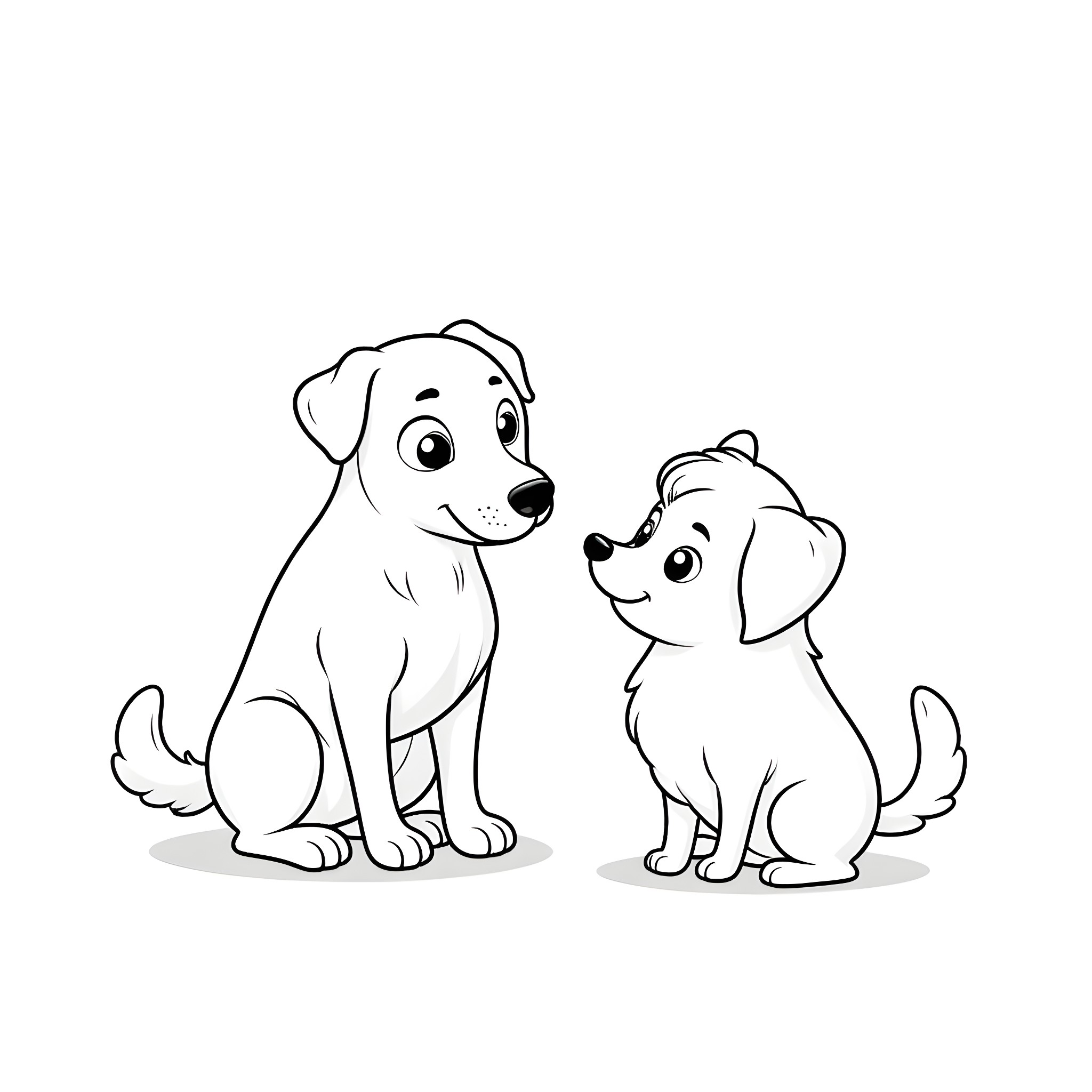 Dog and puppy playing together Coloring Page (free black-and-white line drawing printable PDF for all, from beginners to advanced learners, including children, teens, adults, and seniors)