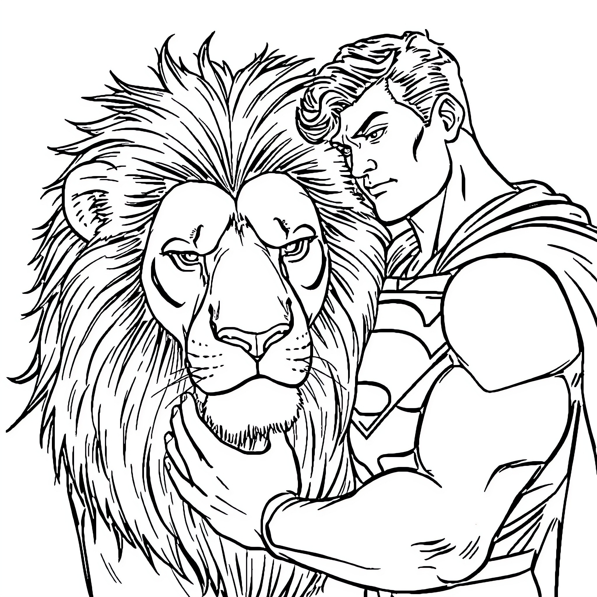 Superman battles a powerful lion with determination Coloring Page (free black-and-white line drawing printable PDF for all, from beginners to advanced learners, including children, teens, adults, and seniors)
