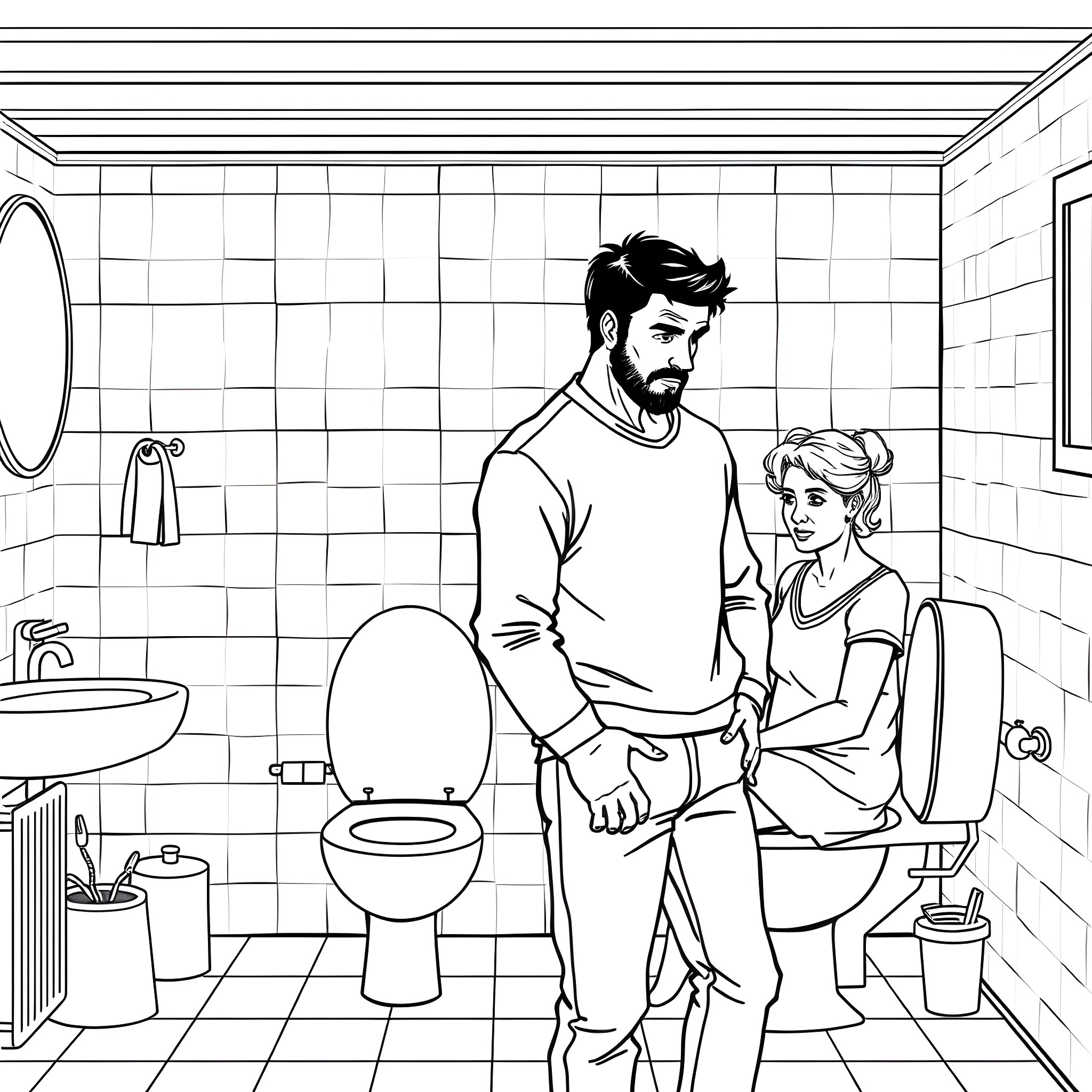 Man comforting woman in bathroom Coloring Page (free black-and-white line drawing printable PDF for all, from beginners to advanced learners, including children, teens, adults, and seniors)
