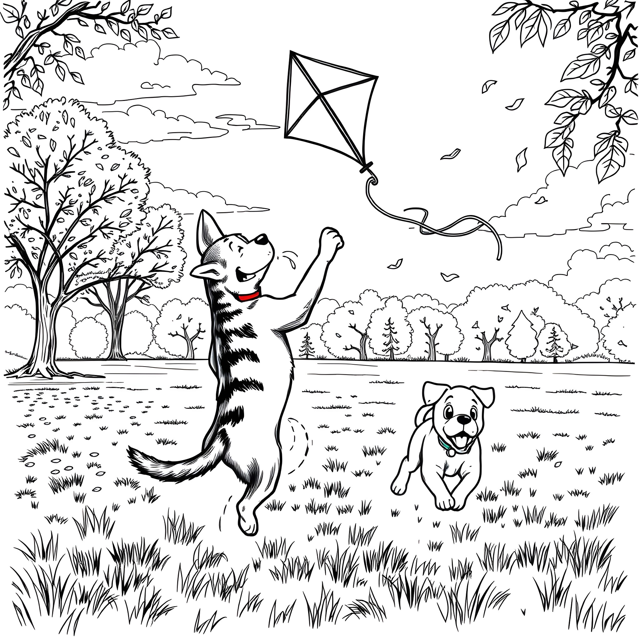 Dexter playing with a kite in the park Coloring Page (free black-and-white line drawing printable PDF for all, from beginners to advanced learners, including children, teens, adults, and seniors)
