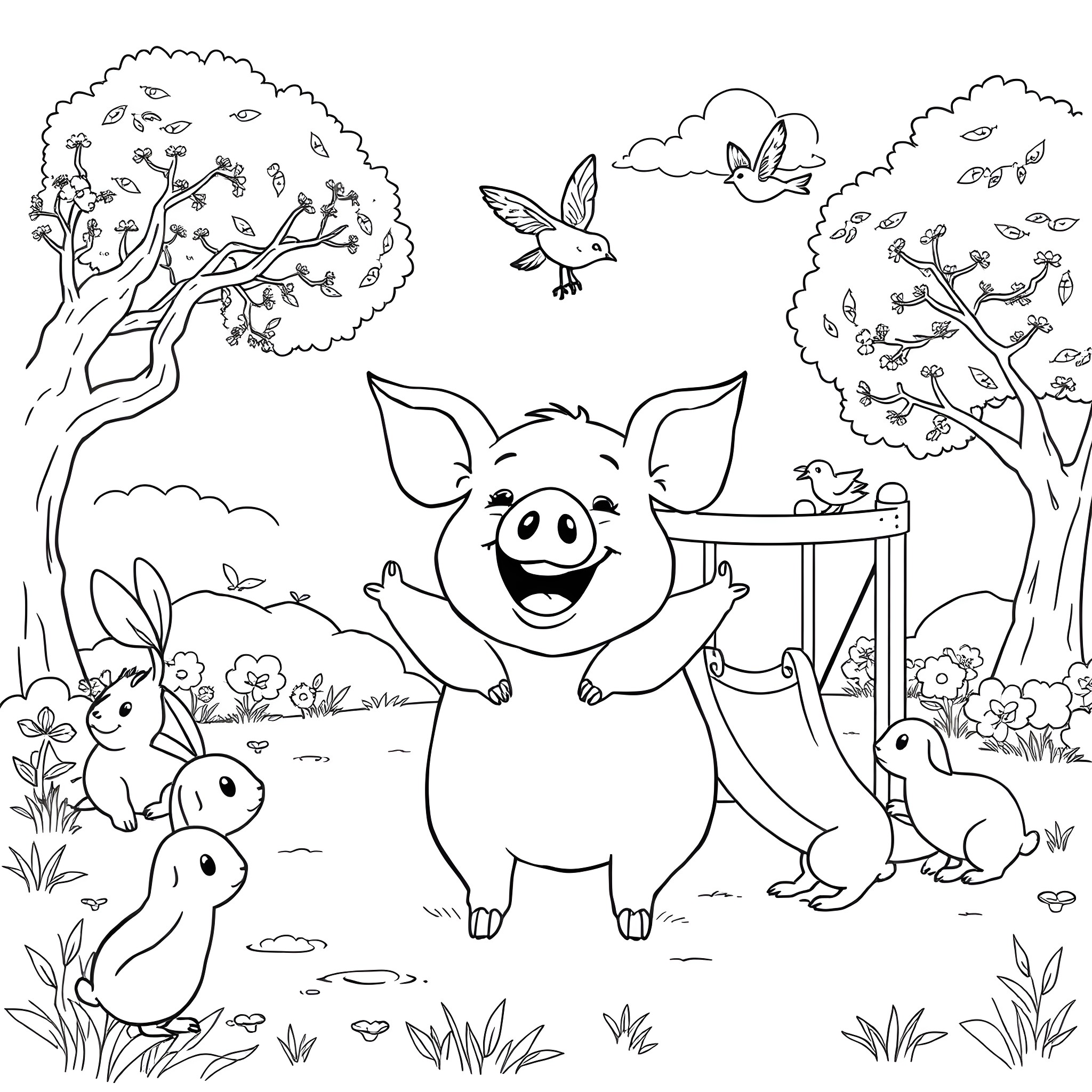 Pig Playing Happily with Bunnies in the Forest Coloring Page (free black-and-white line drawing printable PDF for all, from beginners to advanced learners, including children, teens, adults, and seniors)