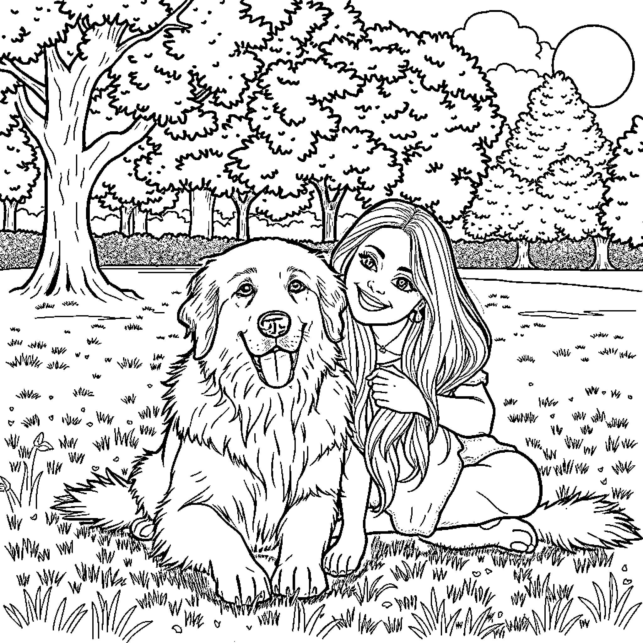 Kumel's Jovial Outdoor Adventure with Canine Companion Coloring Page (free black-and-white line drawing printable PDF for all, from beginners to advanced learners, including children, teens, adults, and seniors)