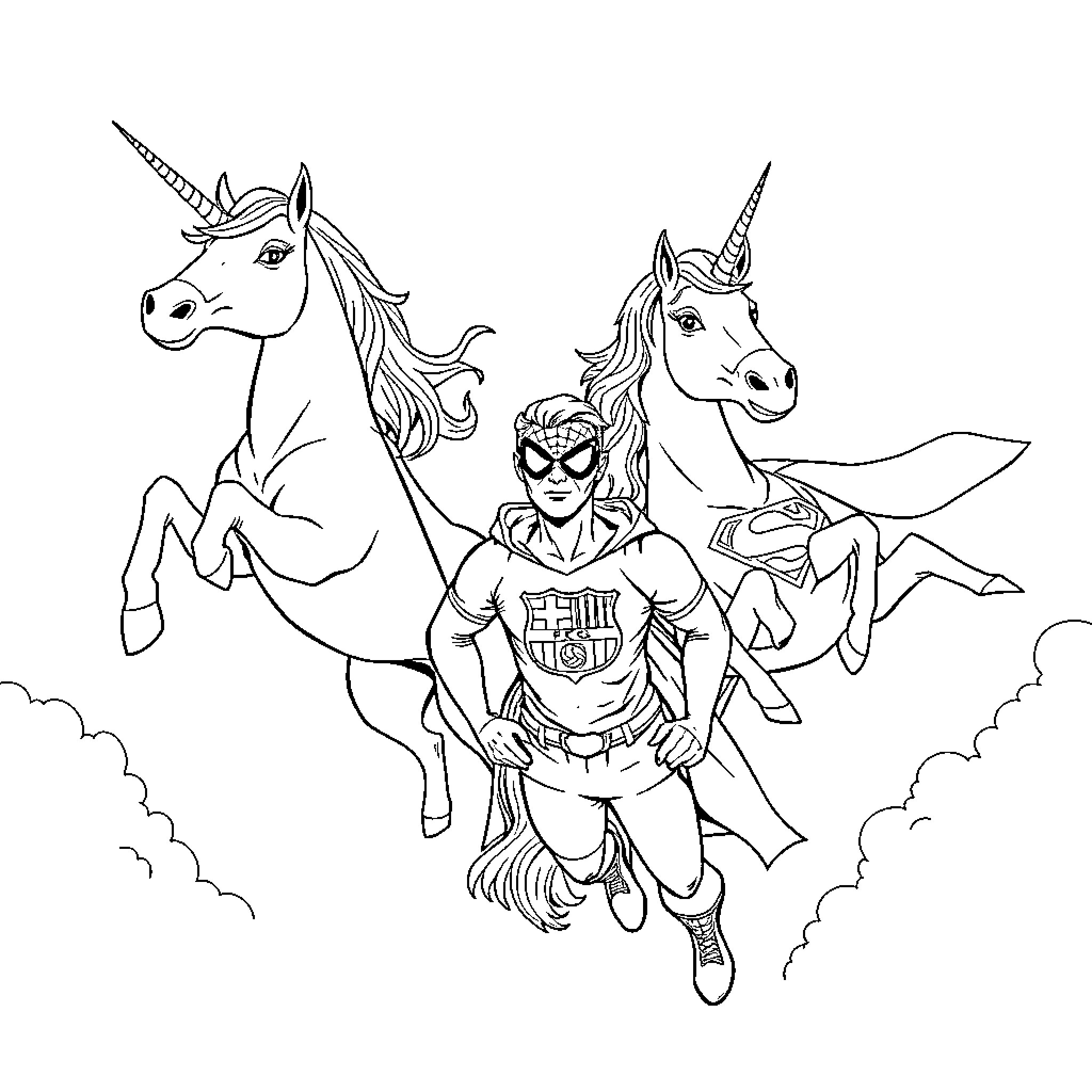 Unicorn Rider in Action with Two Unicorns Coloring Page (free black-and-white line drawing printable PDF for all, from beginners to advanced learners, including children, teens, adults, and seniors)