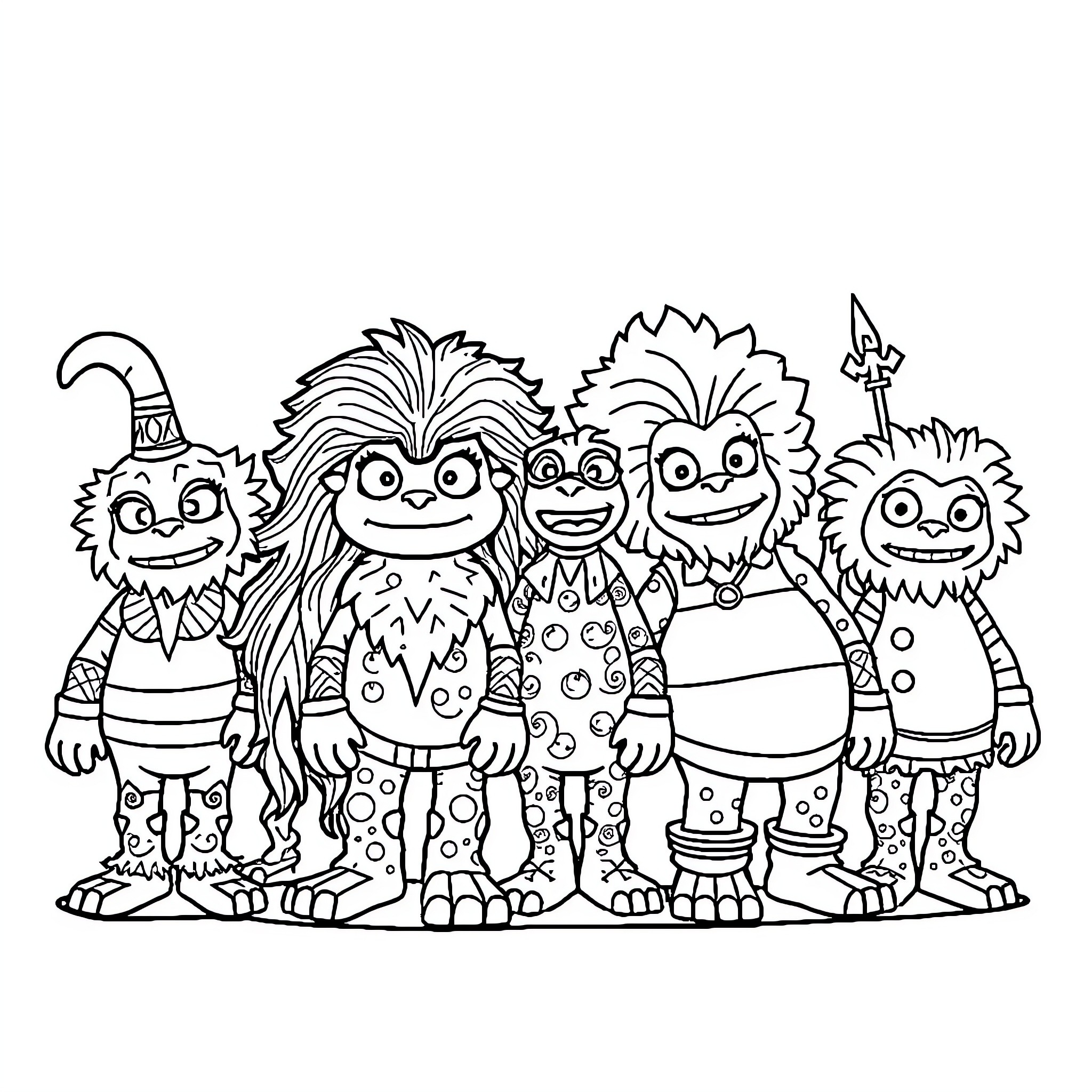 Mundras: Quirky Creatures in Whimsical Attire Coloring Page (free black-and-white line drawing printable PDF for all, from beginners to advanced learners, including children, teens, adults, and seniors)