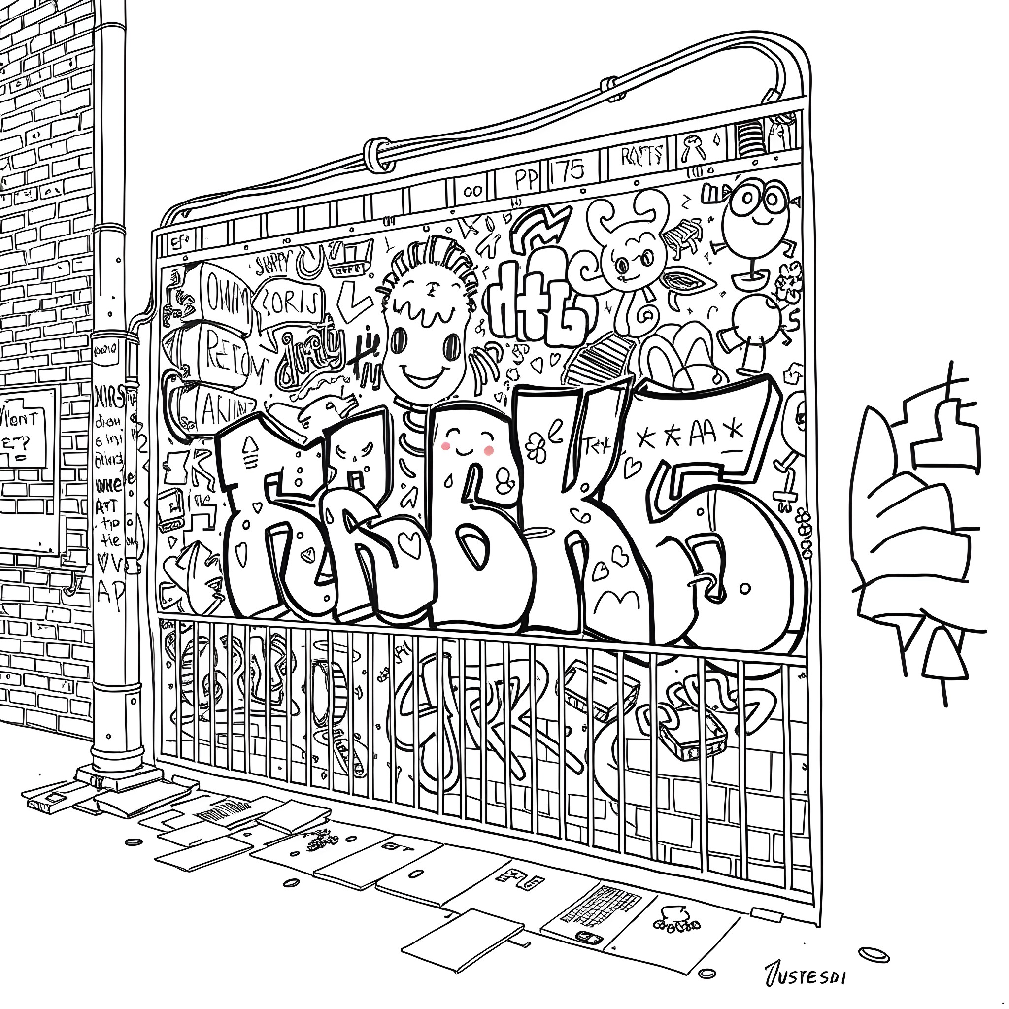 Graffiti Covered Electrical Box on City Street Coloring Page (free black-and-white line drawing printable PDF for all, from beginners to advanced learners, including children, teens, adults, and seniors)